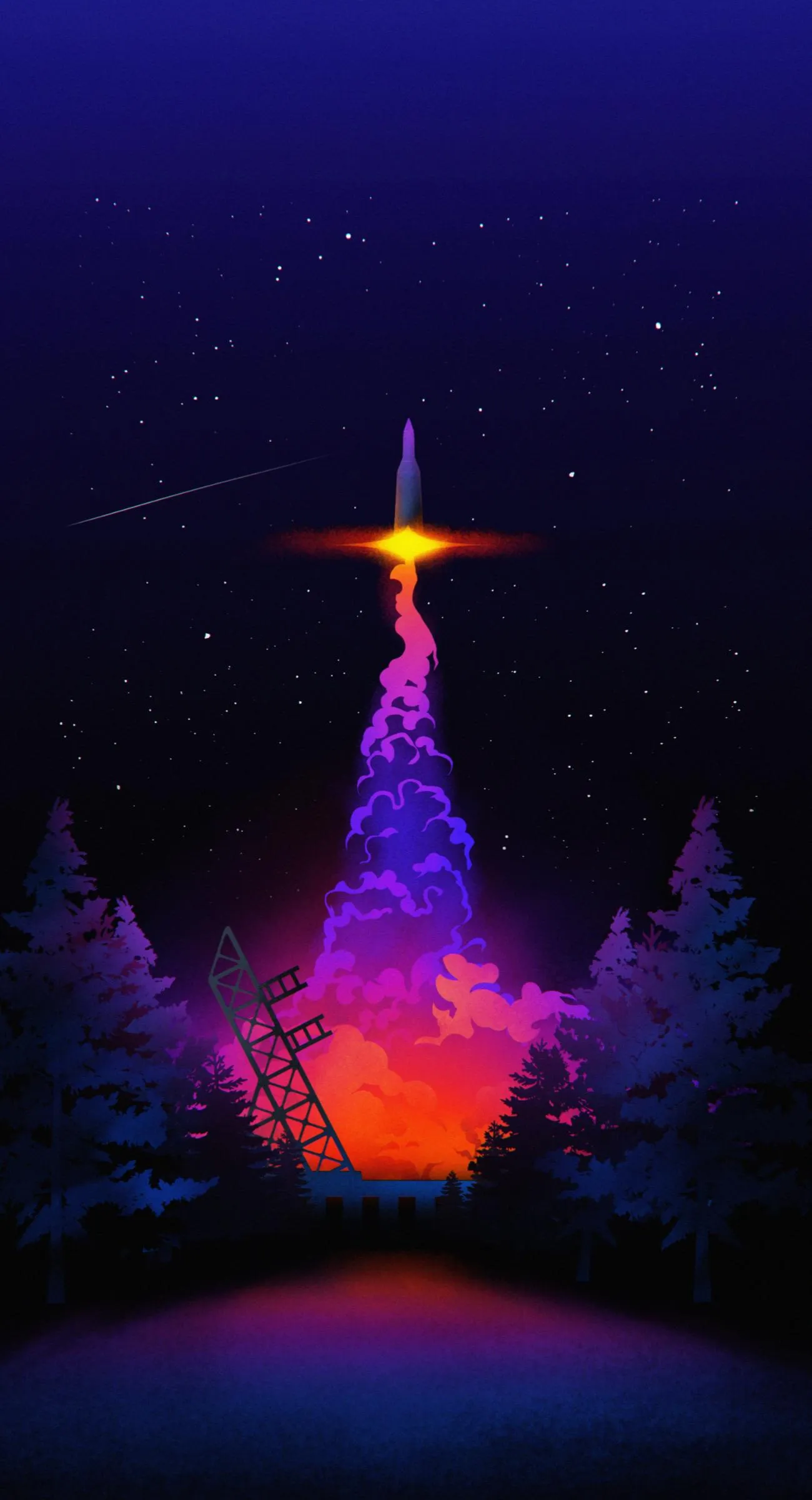 Rocket Launch Illuminates the Night Sky with Vibrant Colors