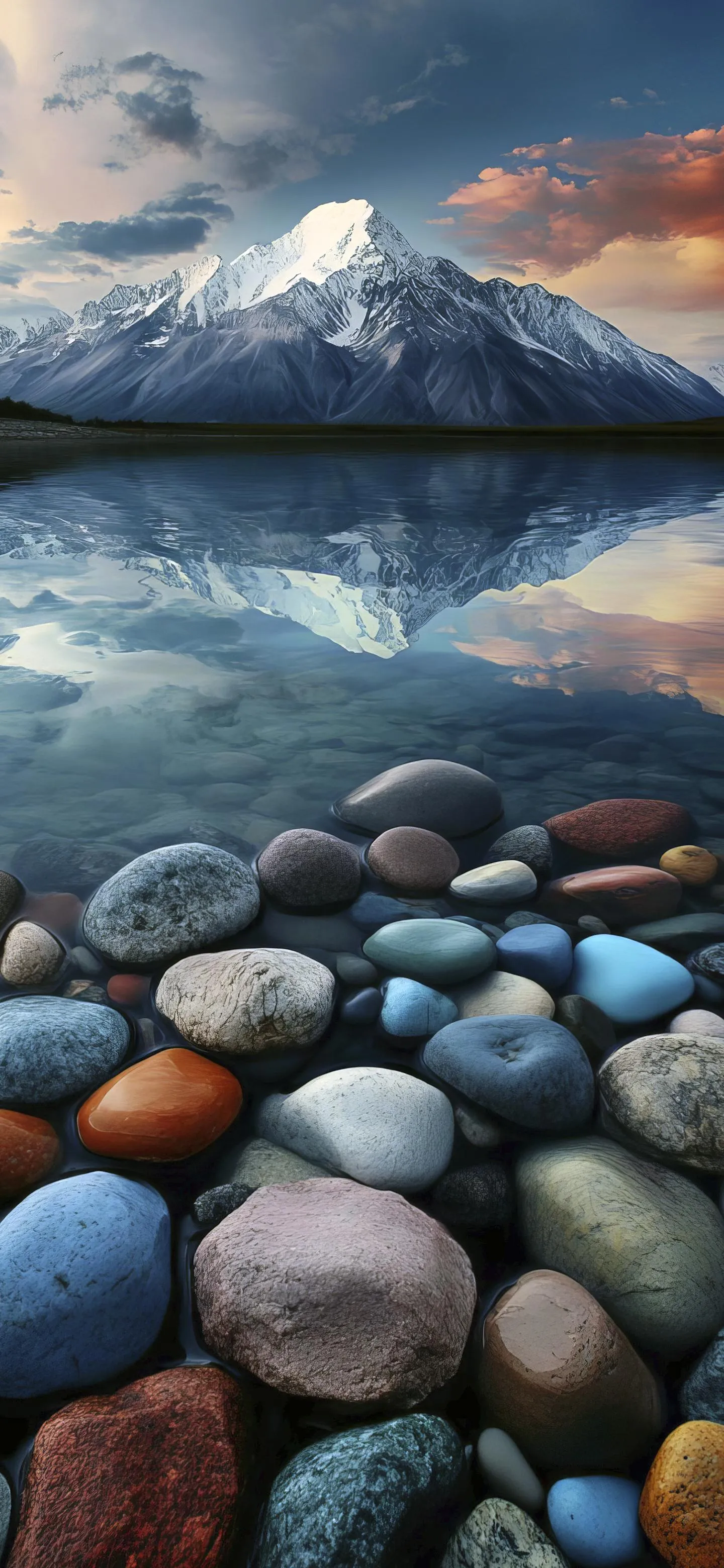 Rocks on Shoreline with Snowy Mountain Background Wallpaper