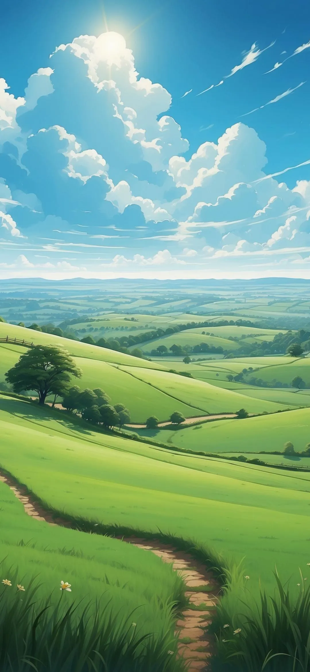 Rolling Green Fields with Blue Sky and Soft Cloudscape