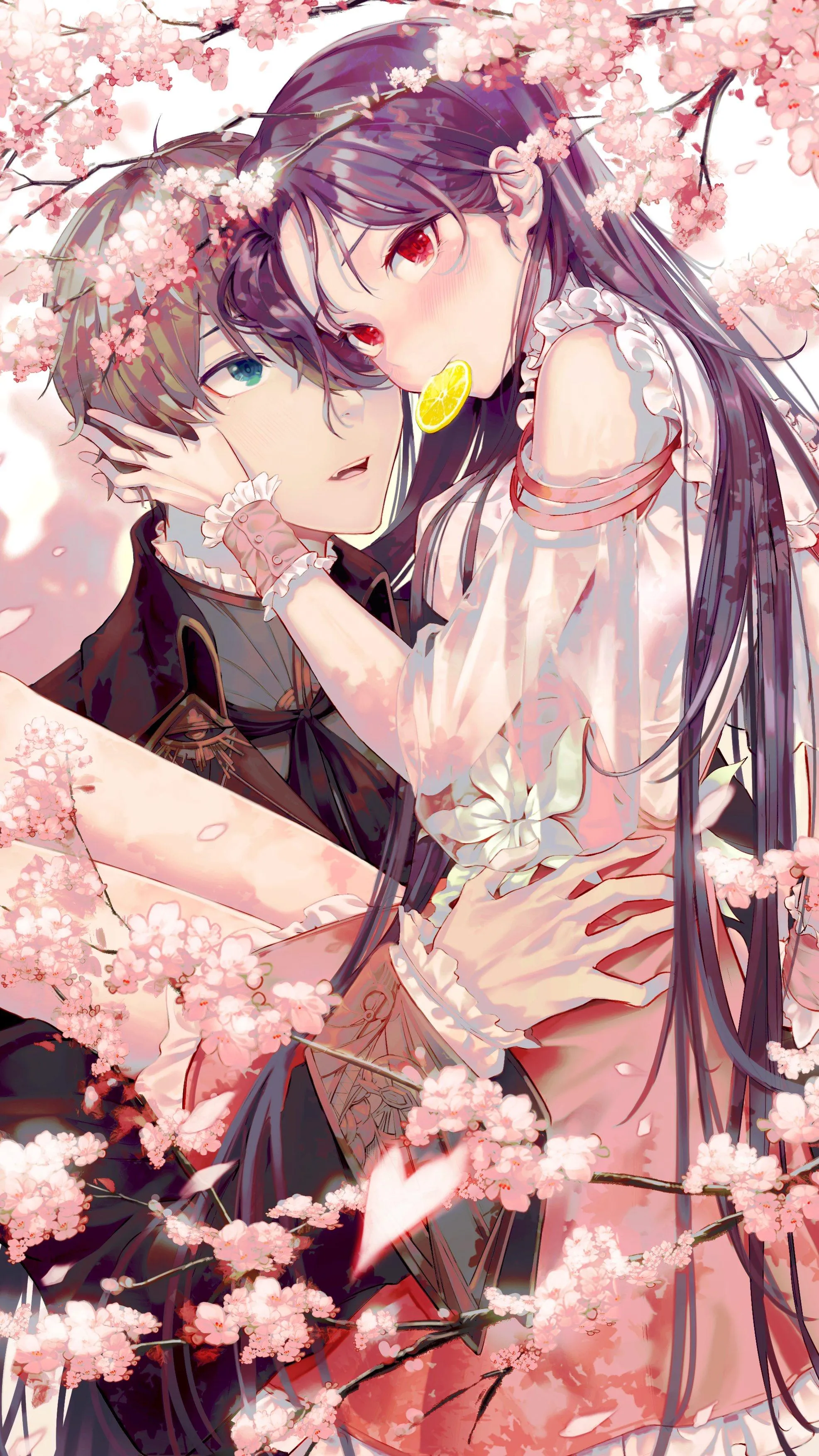 Romantic Anime Couple Hug in Floral Background Wallpaper