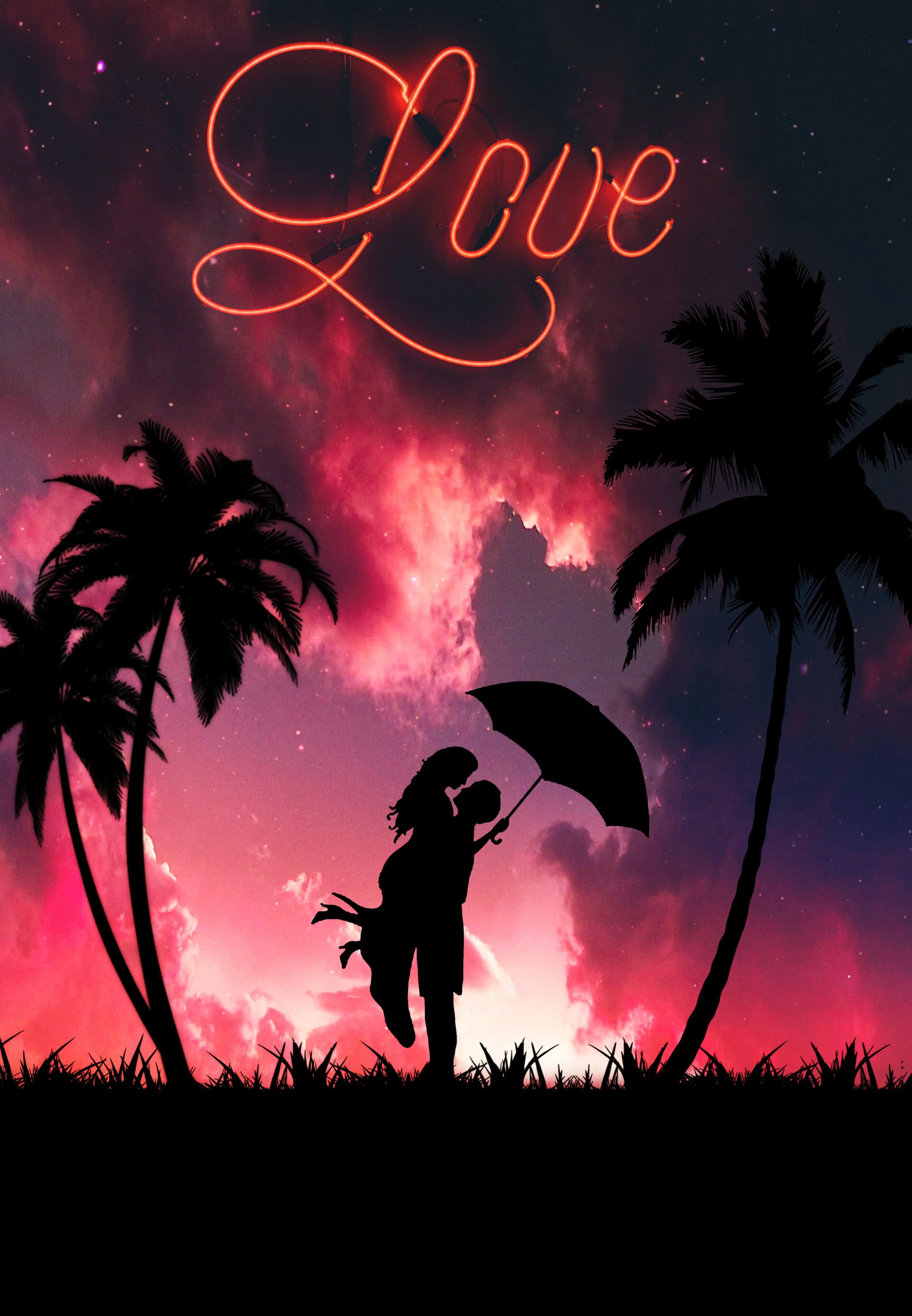Romantic Silhouette under Palm Trees at Sunset View Image