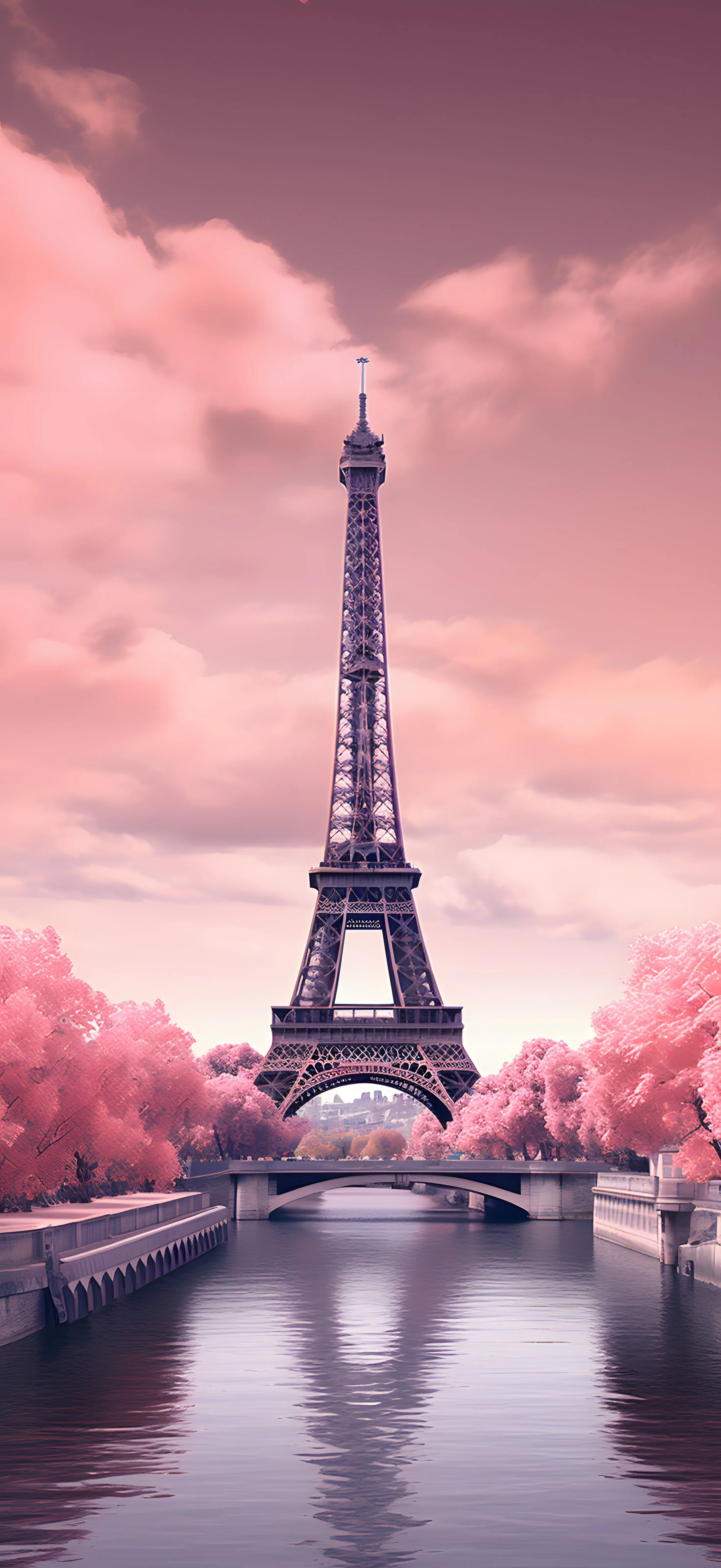 Romantic View of Eiffel Tower with Pink Sunset Sky Image