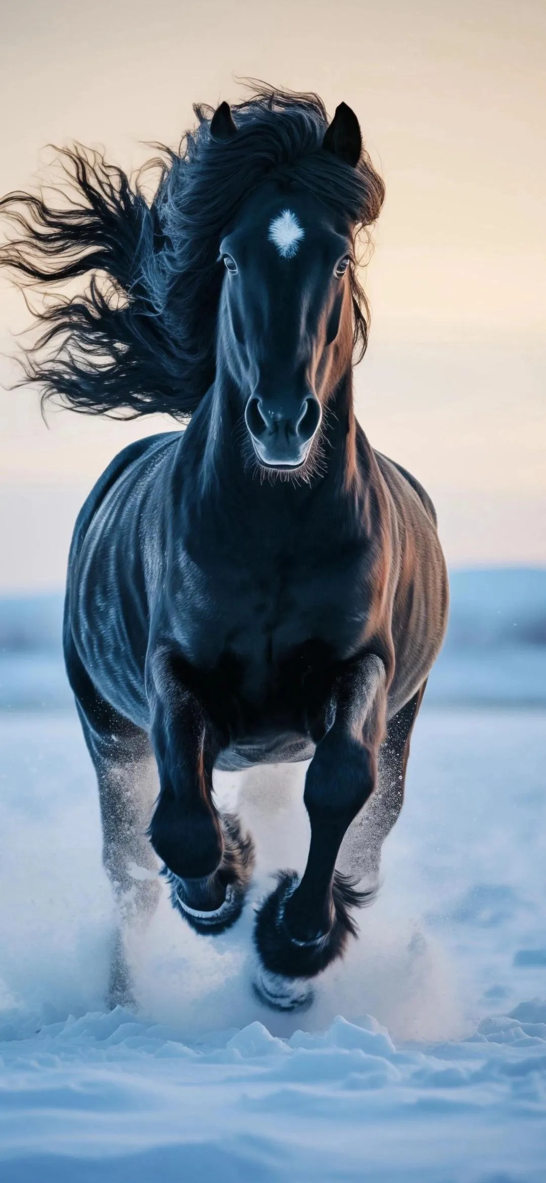 Running Black Horse on Snow with Strong Motion Blur