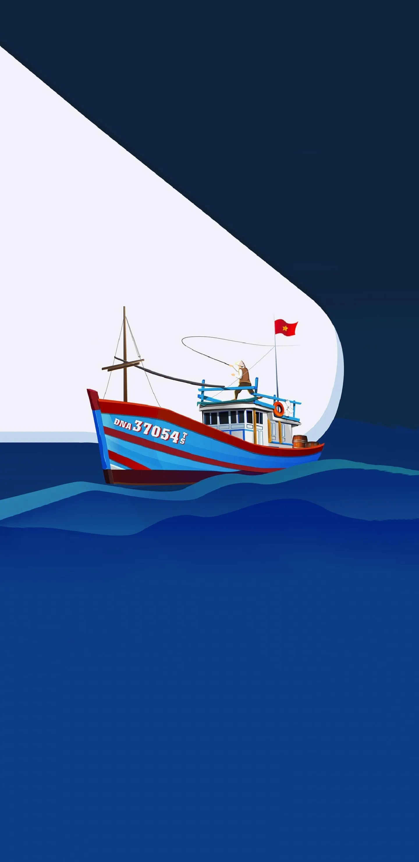 Sailboat on Calm Blue Ocean Minimal Flat Design Wallpaper