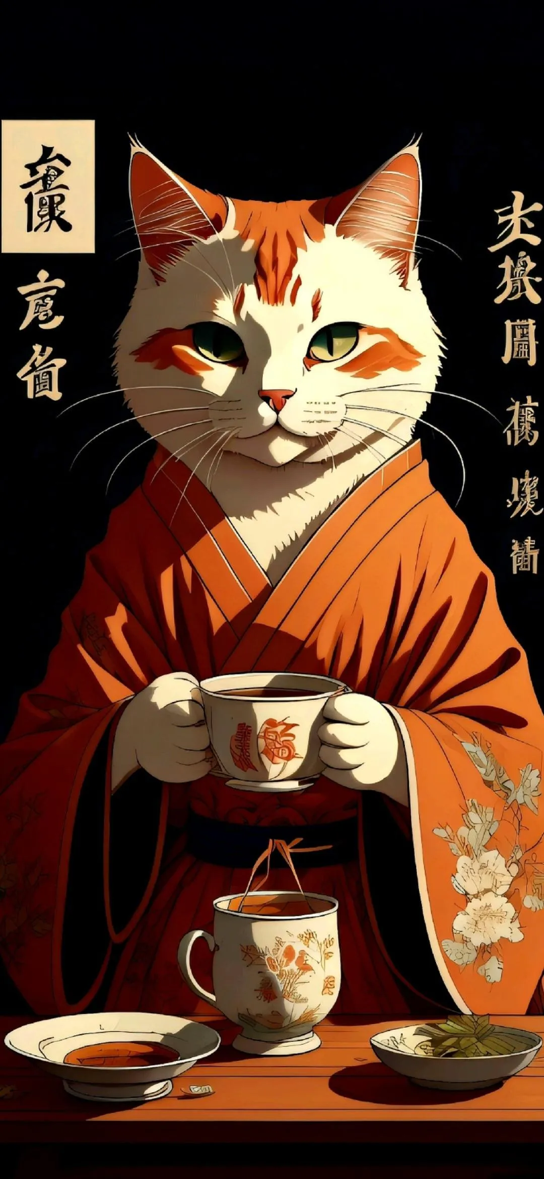 Samurai Cat Drinking Tea in Traditional Japanese Setting