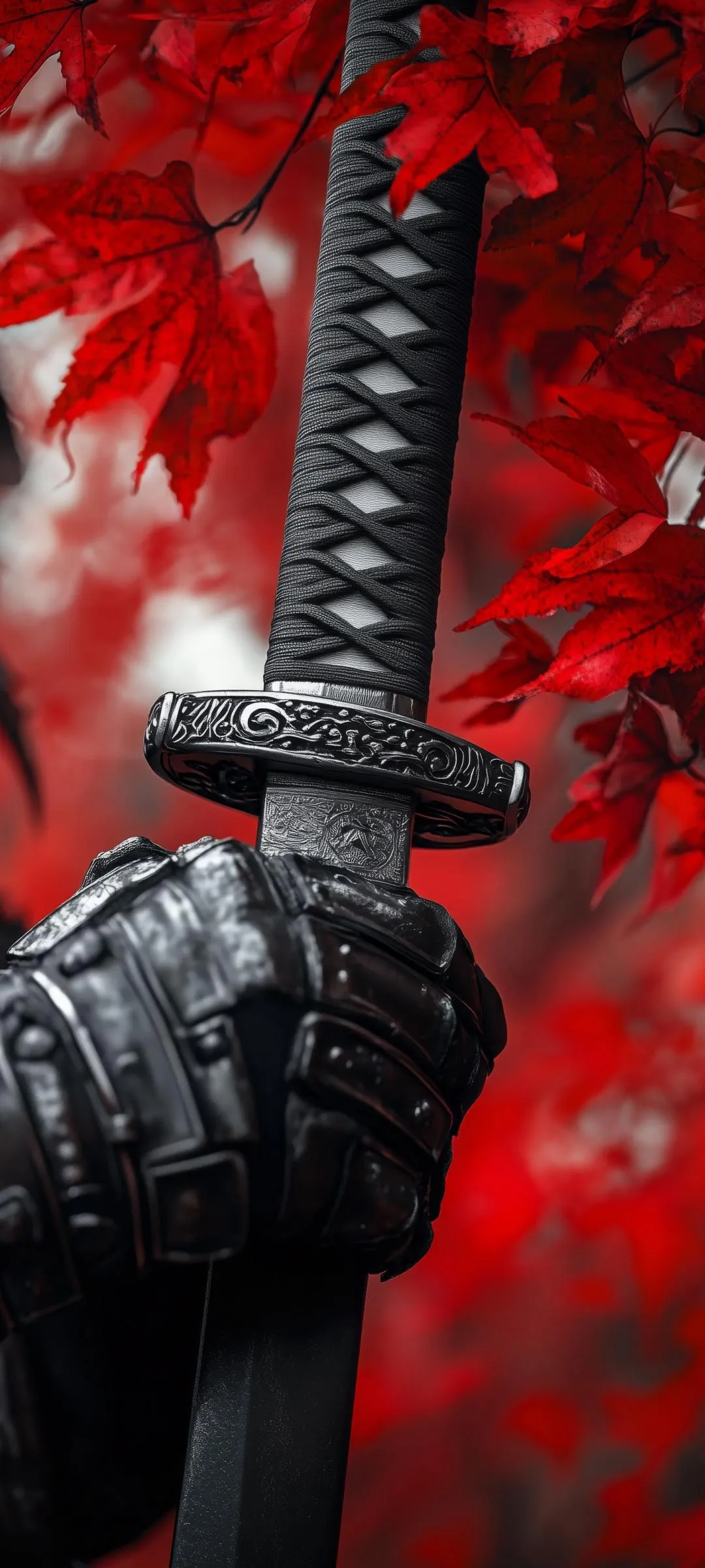 Samurai Holding Katana in Red Autumn Forest Wallpaper
