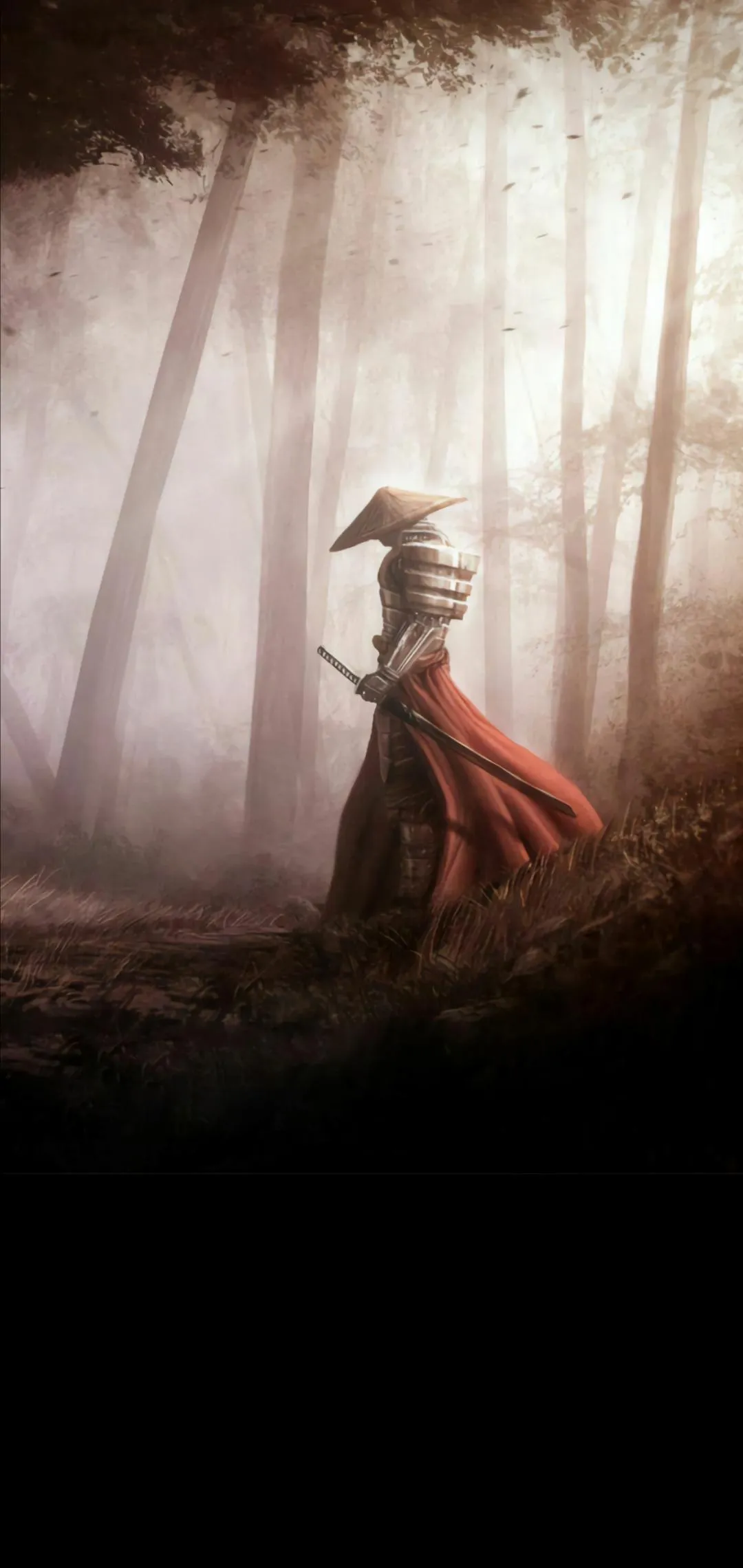 Samurai in Red Outfit Walking Through Forest Morning