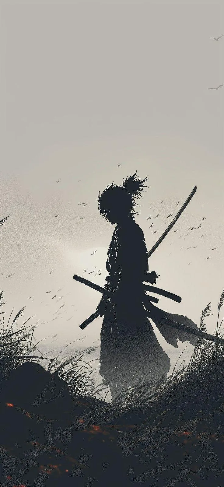 Samurai Silhouette Standing in Peaceful Mist Scene
