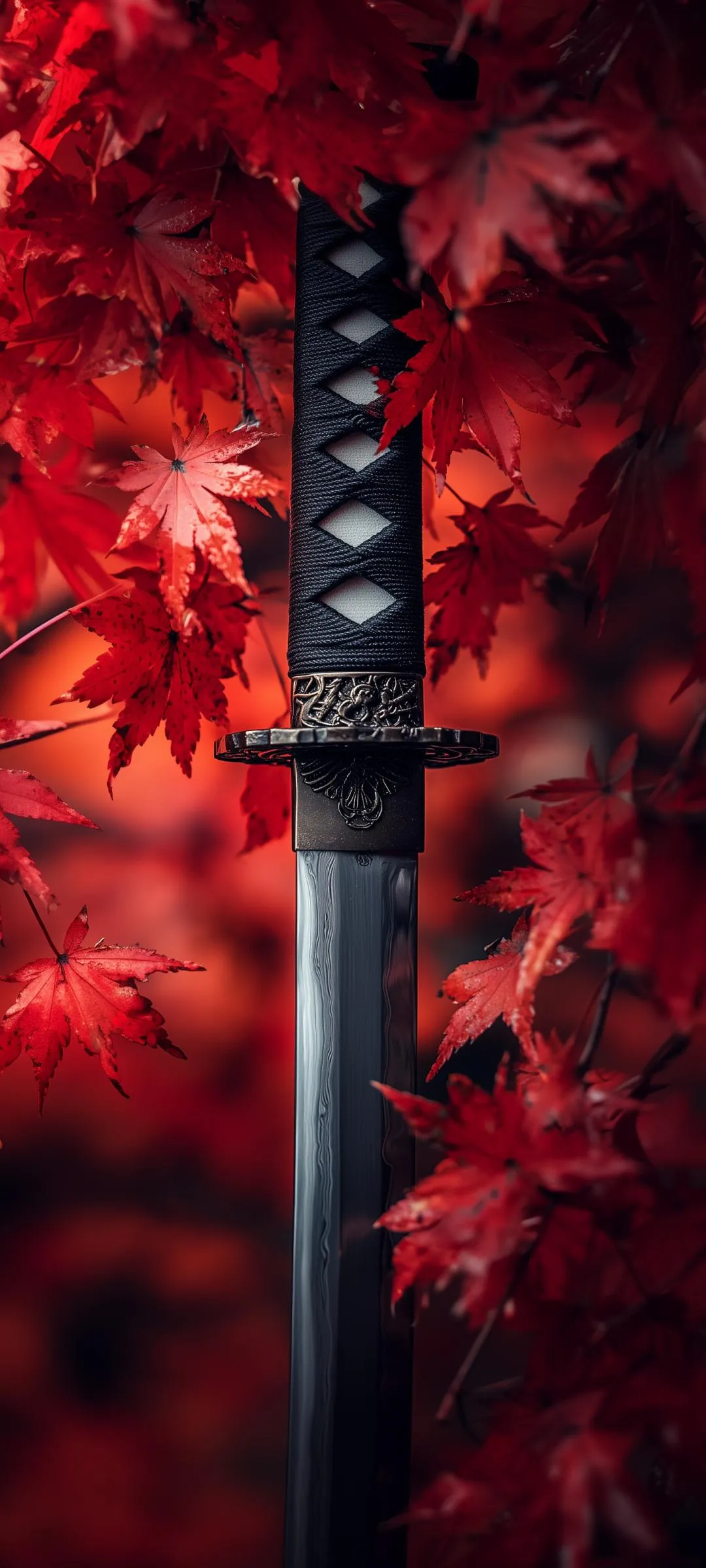 Samurai Sword in Red Autumn Leaves Background Wallpaper