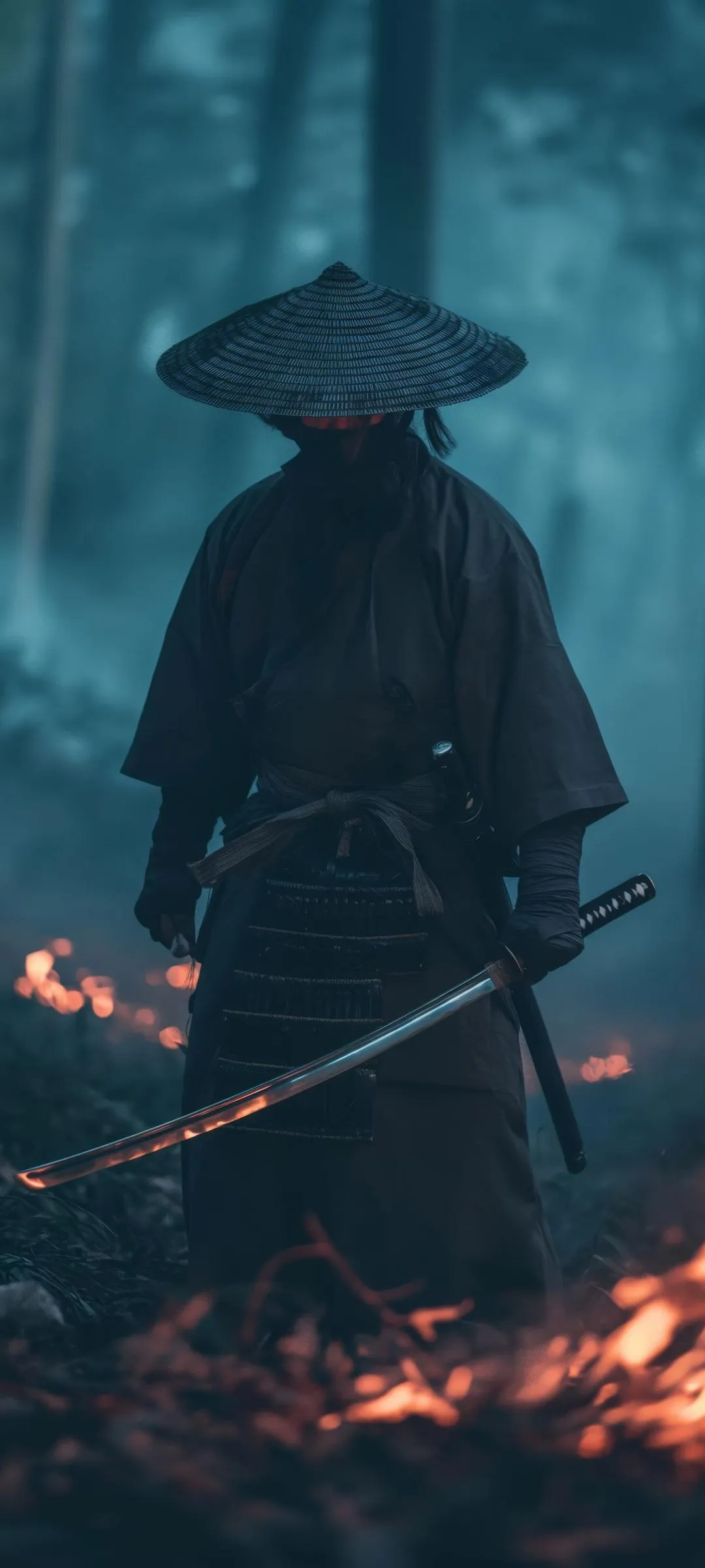 Samurai Warrior Standing in Fiery Smoke Battlefield