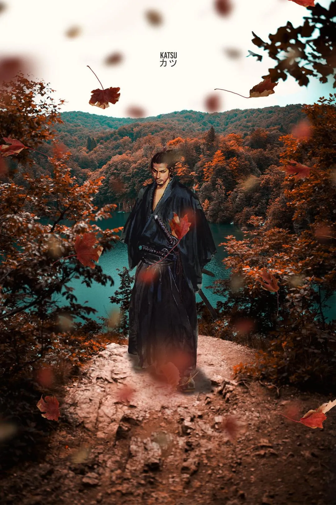 Samurail Standing in Autumn Forest Surrounded by Soft Mist