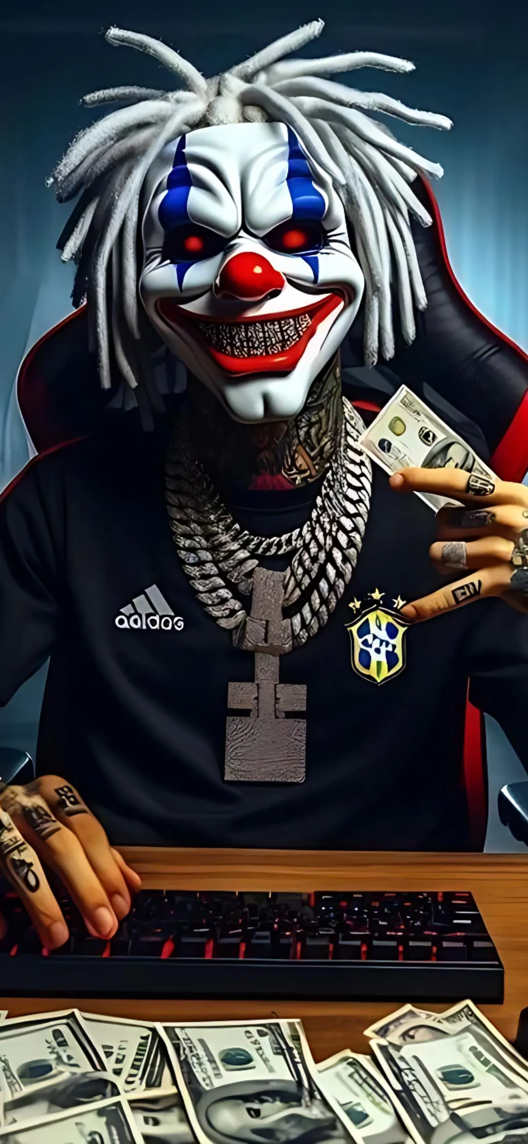 Scary Clown with Dollars and Gold Chains in Dark Room