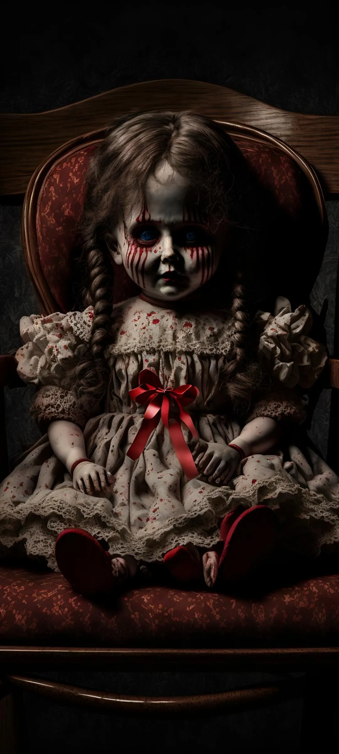 Scary Doll Sitting on Chair in Dark Creepy Lighting