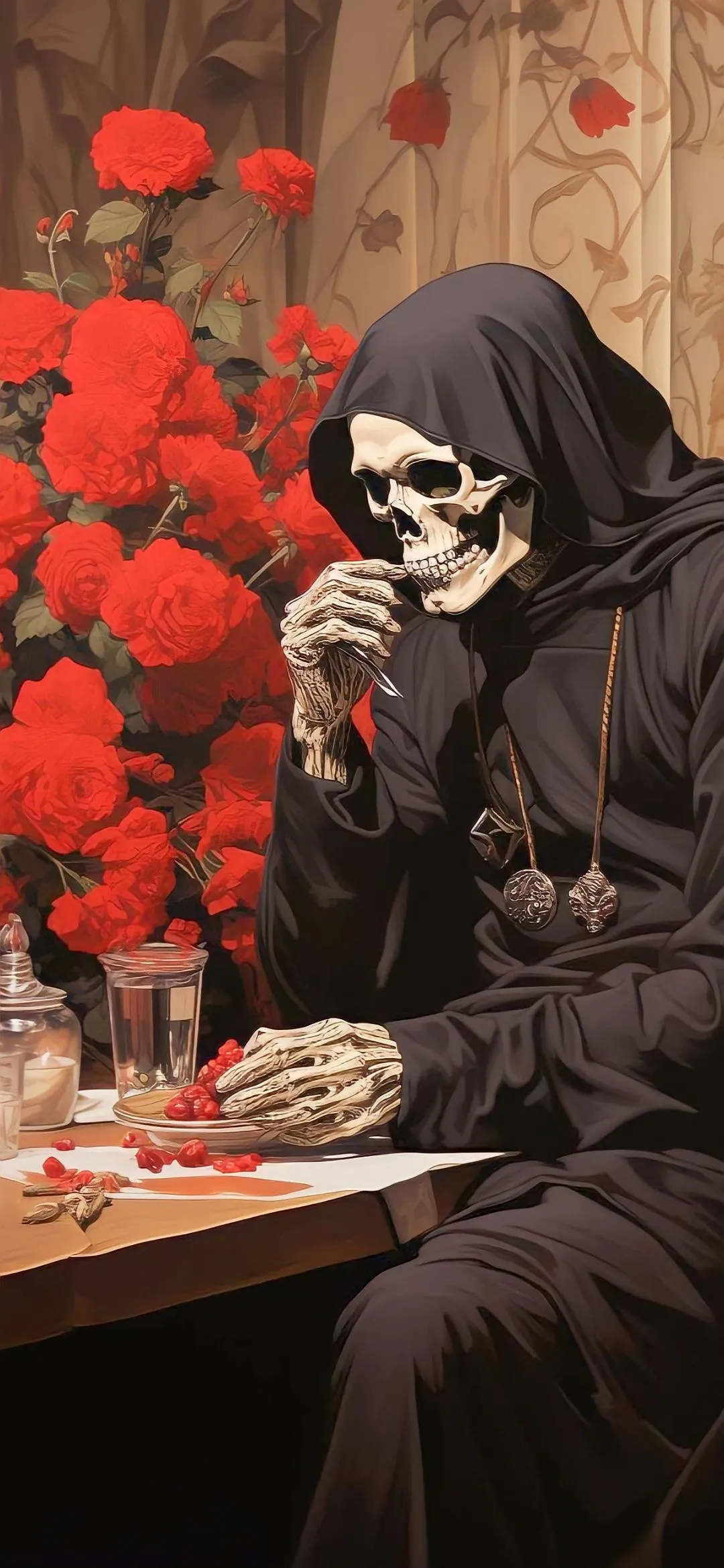 Scary Skeleton in Hooded Jacket Smoking in Urban Alley