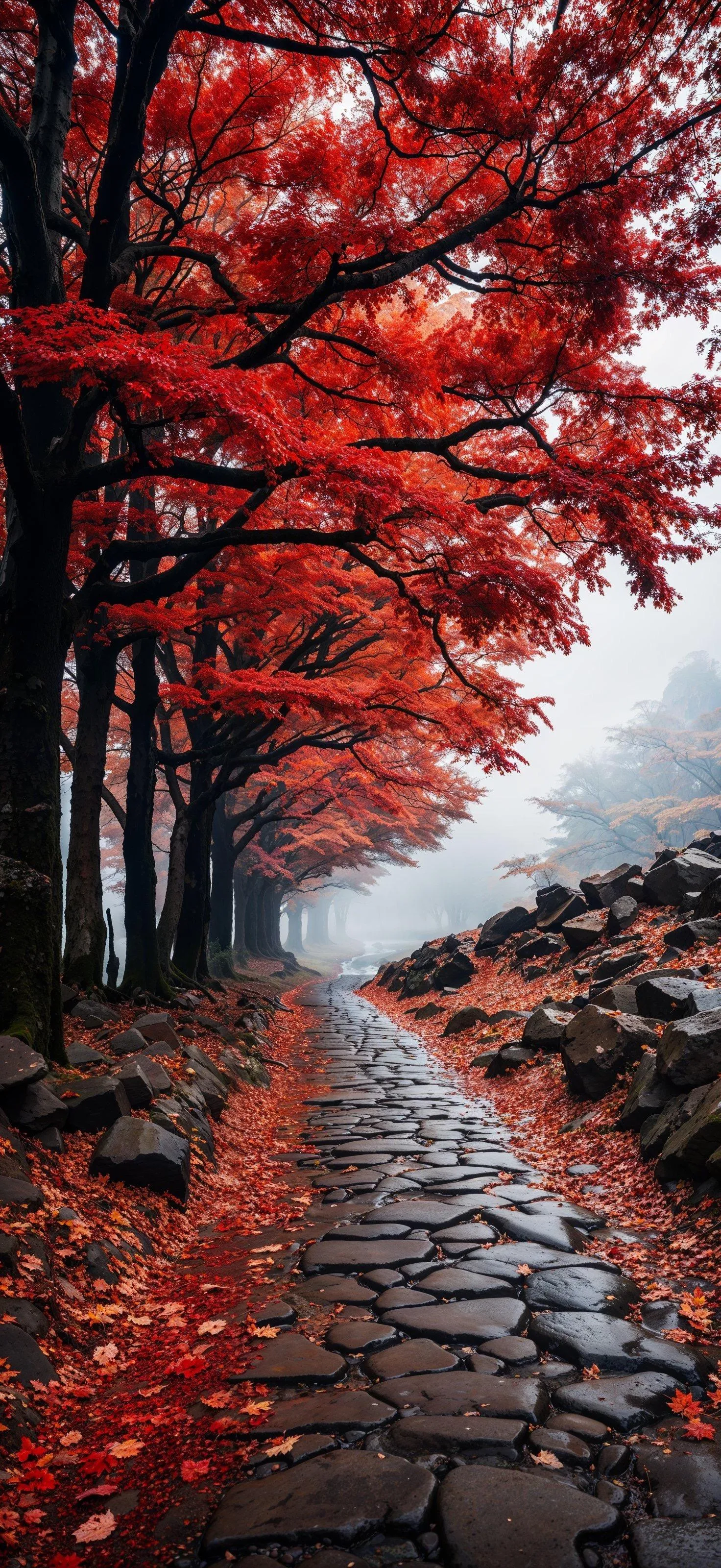 Scenic Forest Pathway with Red Autumn Leaves and Trees