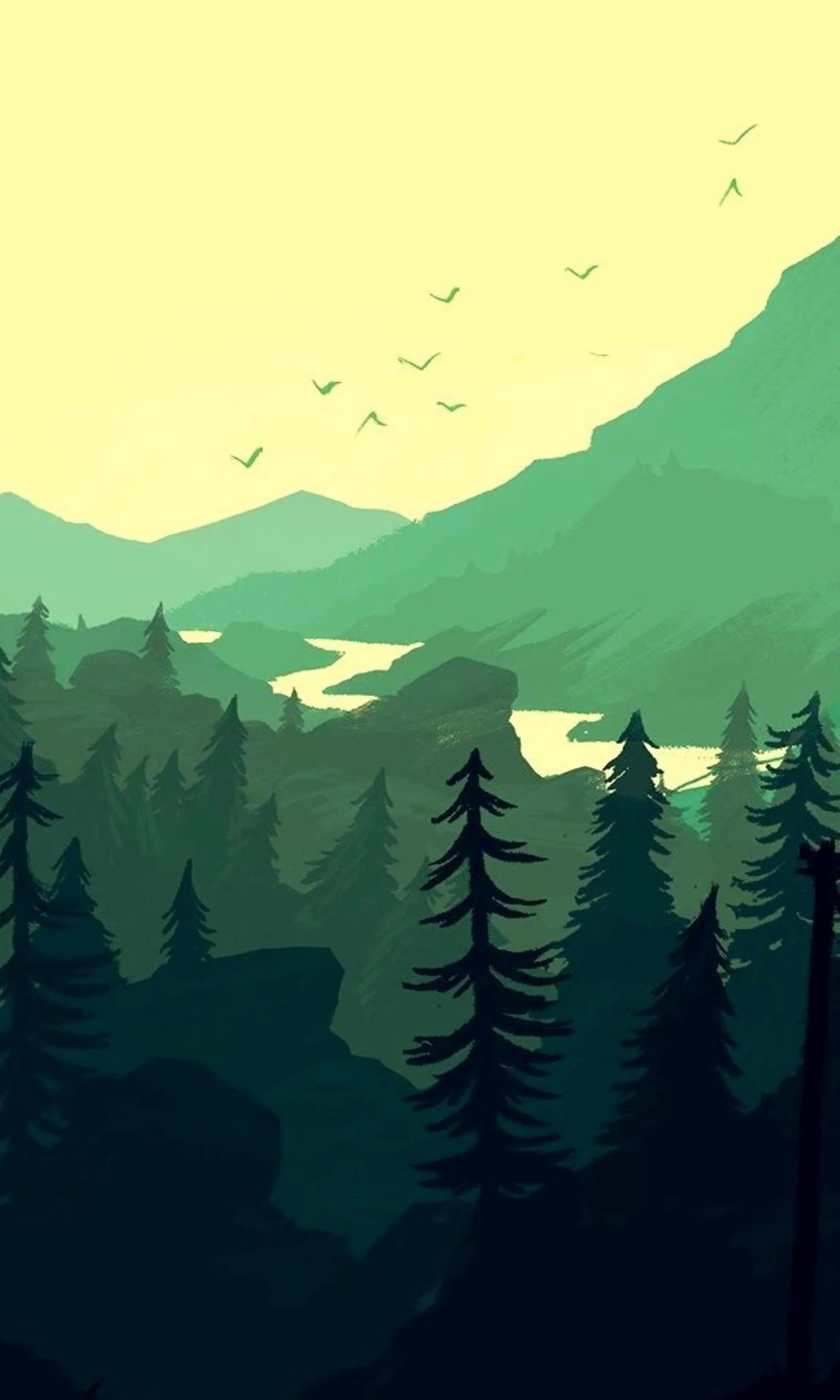 Scenic Green Mountains with Rising Sun Behind Trees