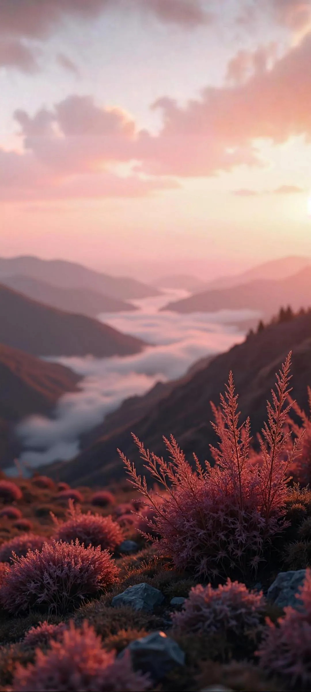 Scenic Mountain View with Pink Sunset Glow Wallpaper