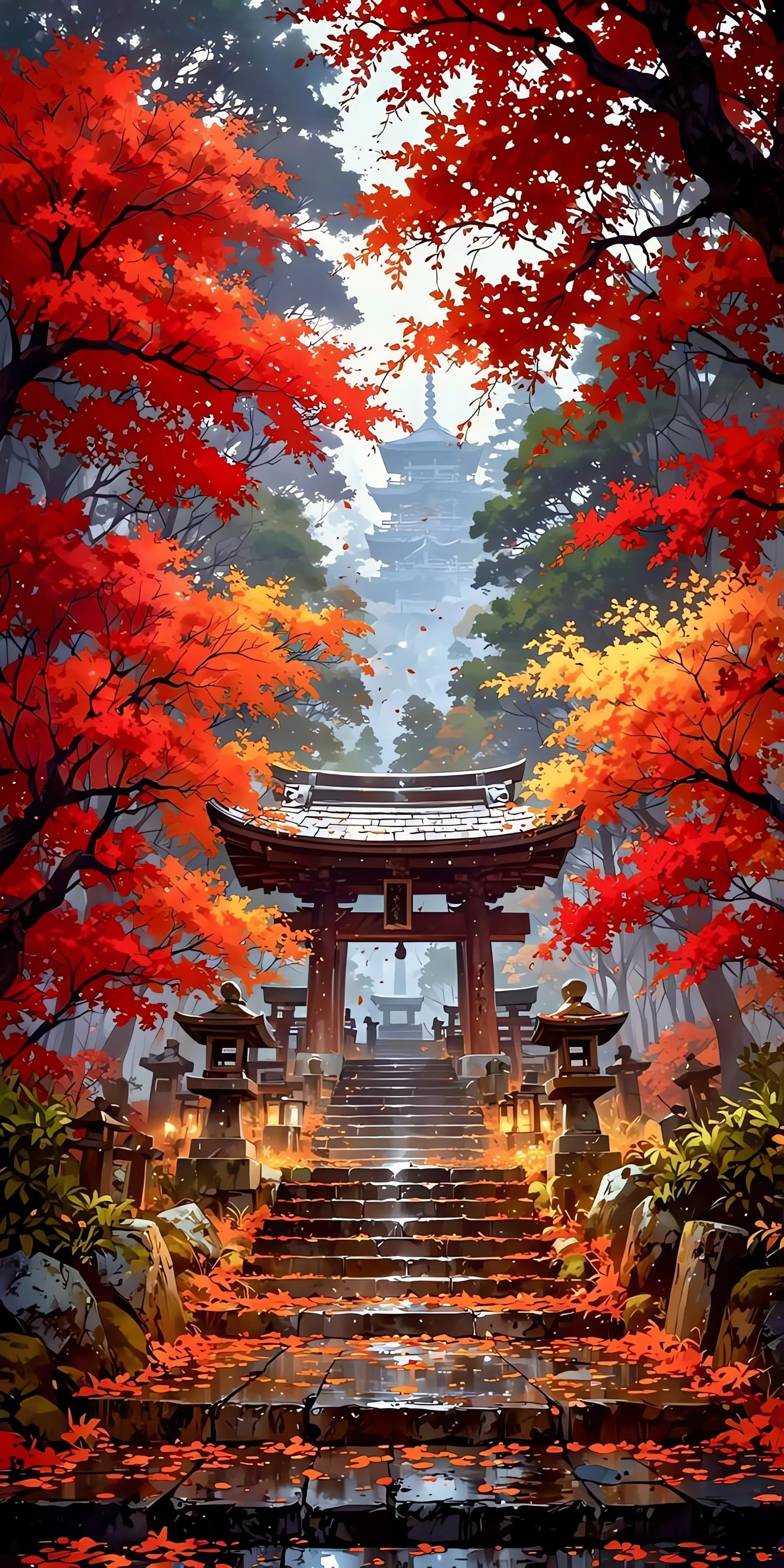 Scenic Pathway Surrounded by Red Autumn Trees and Temple