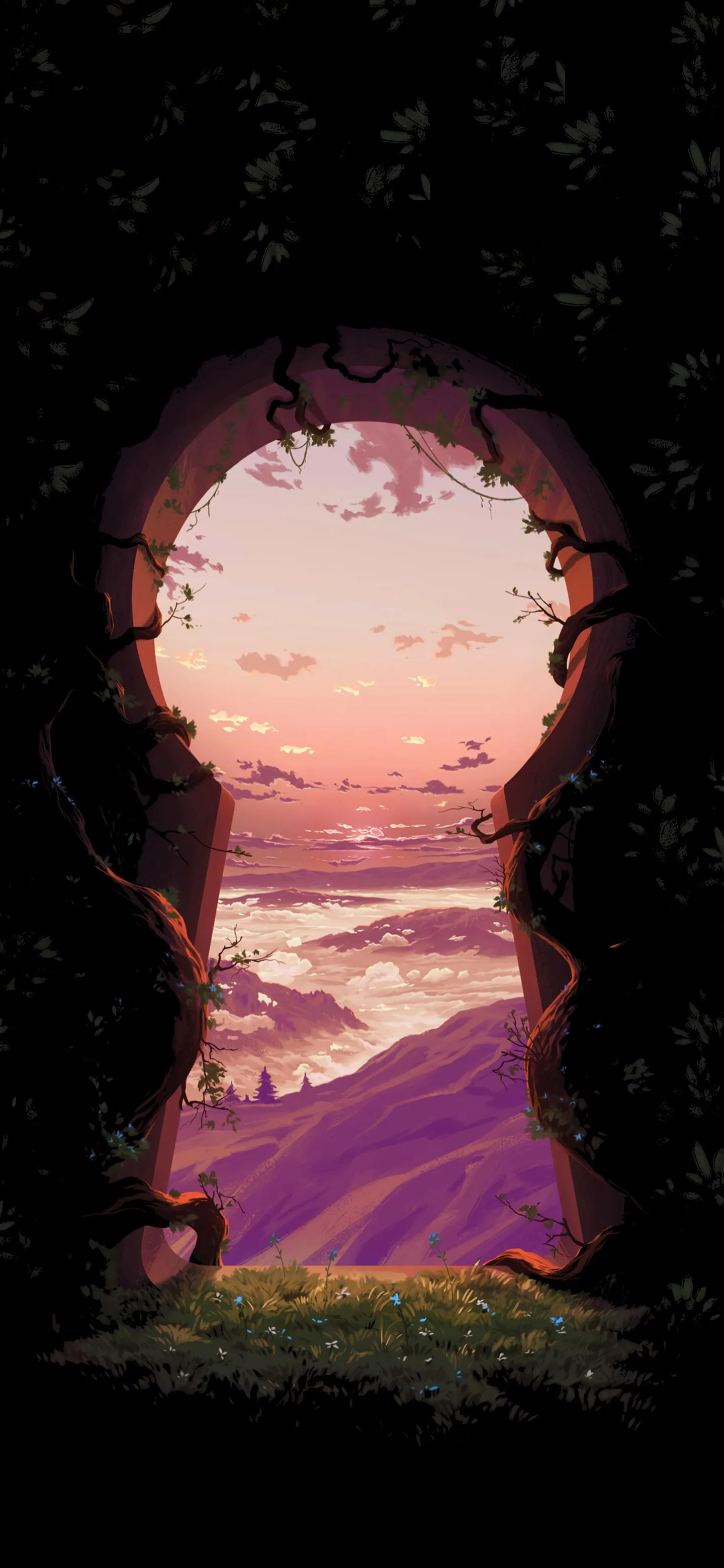 Scenic View Through Keyhole Shaped Opening With Purple Sky