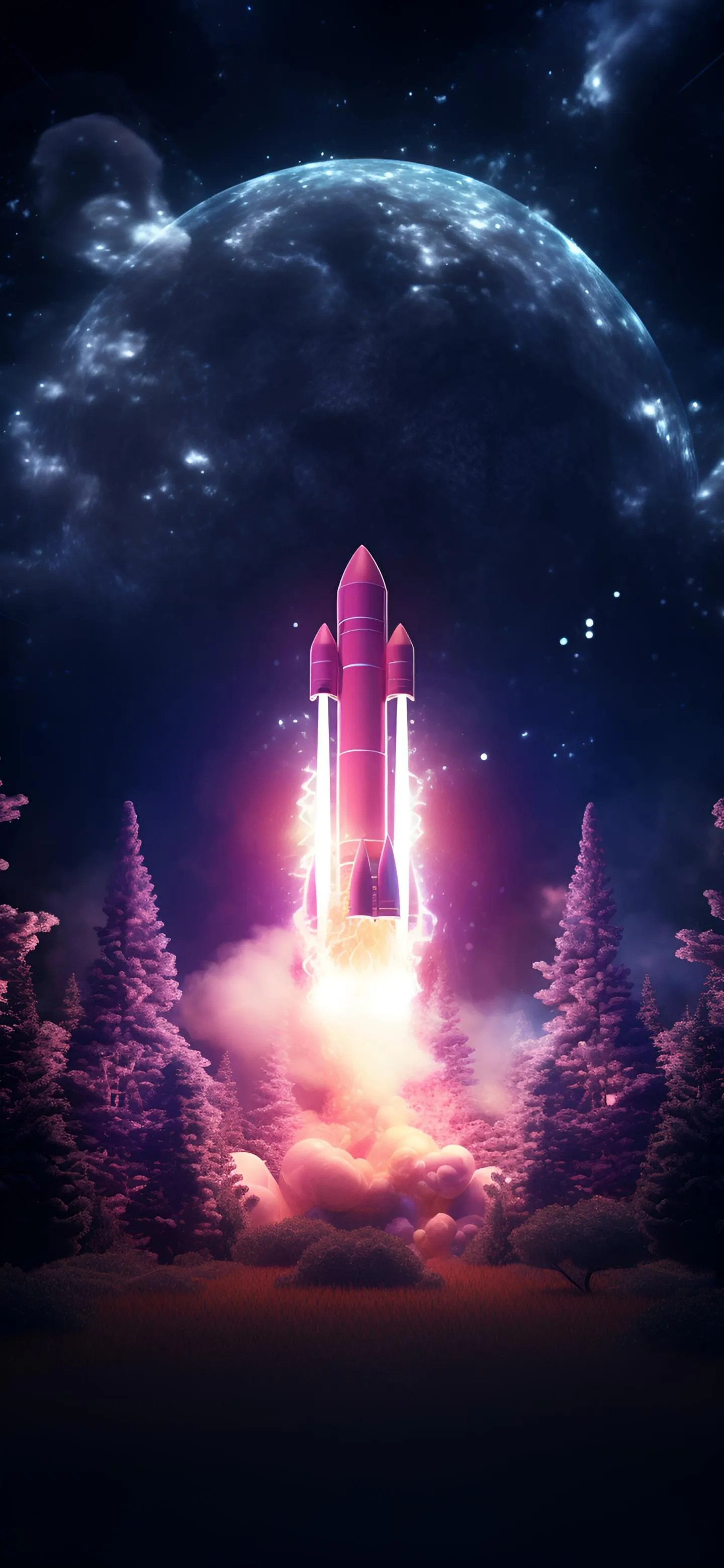 Sci Fi Rocket Launch in Dreamlike Forest Under Moon