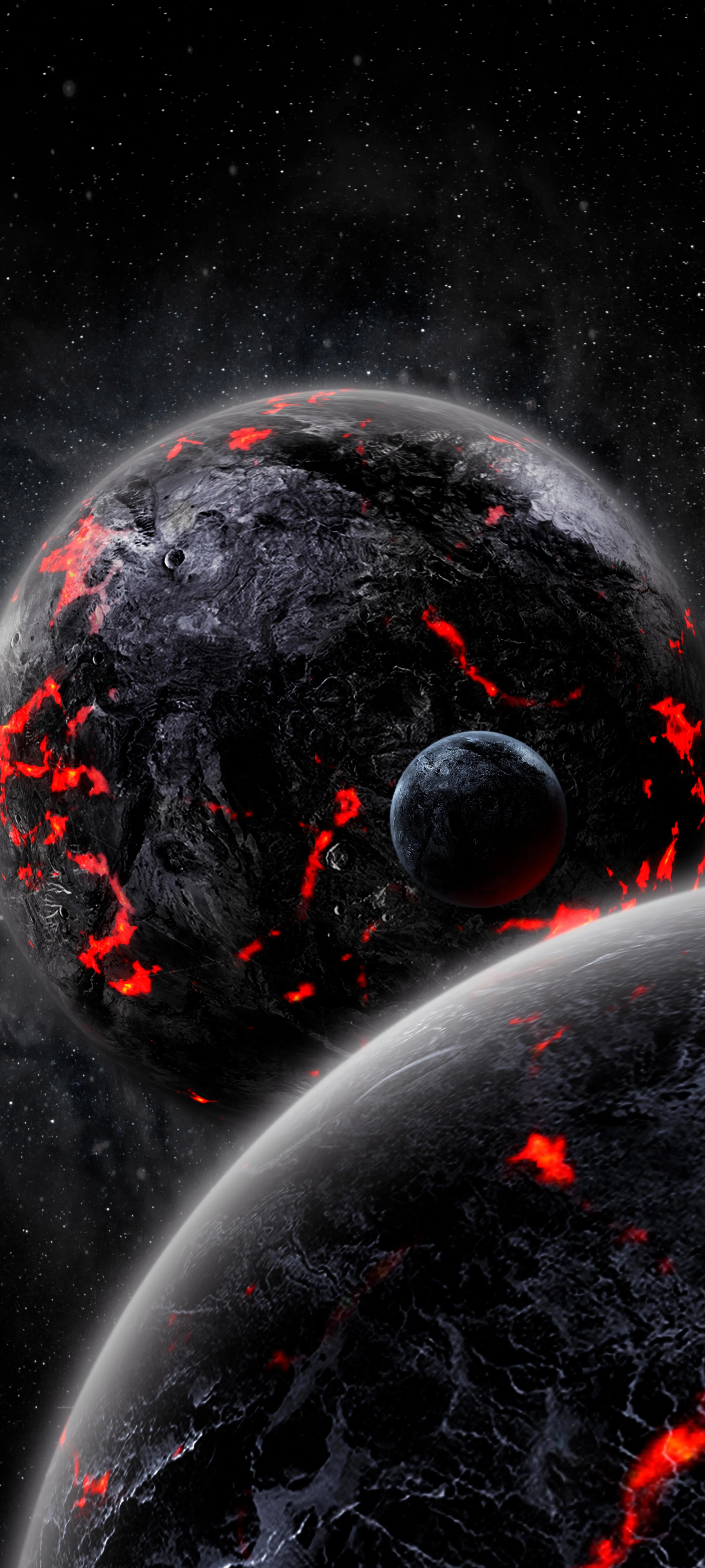 Sci Fi Scene with Red Glowing Planets in Deep Space