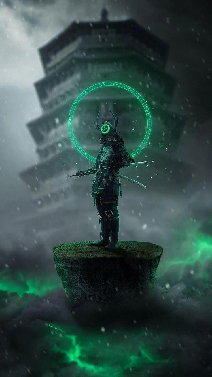 Sci Fi Statue Glowing in Green Cyberpunk Light Wallpaper