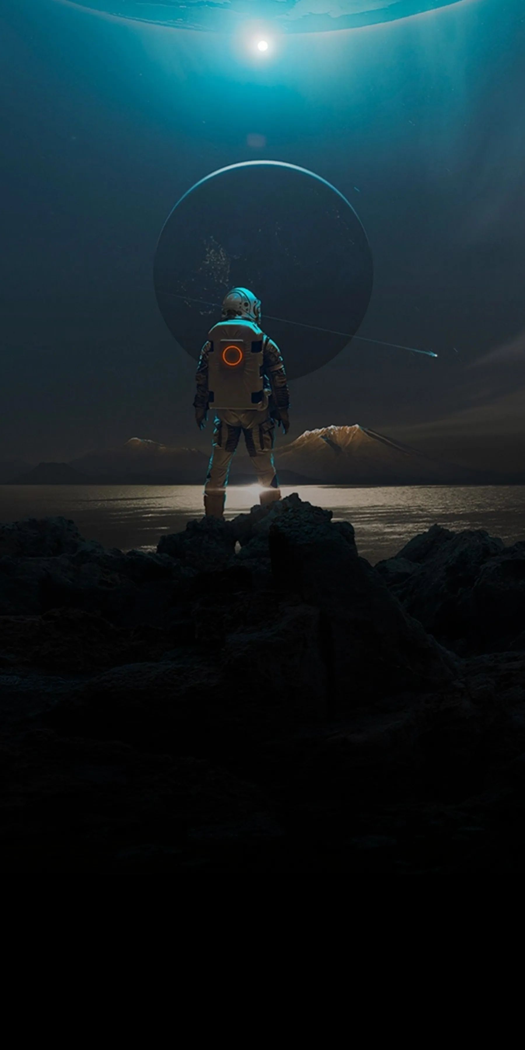 Scifi Character Standing Under Futuristic Moonlight