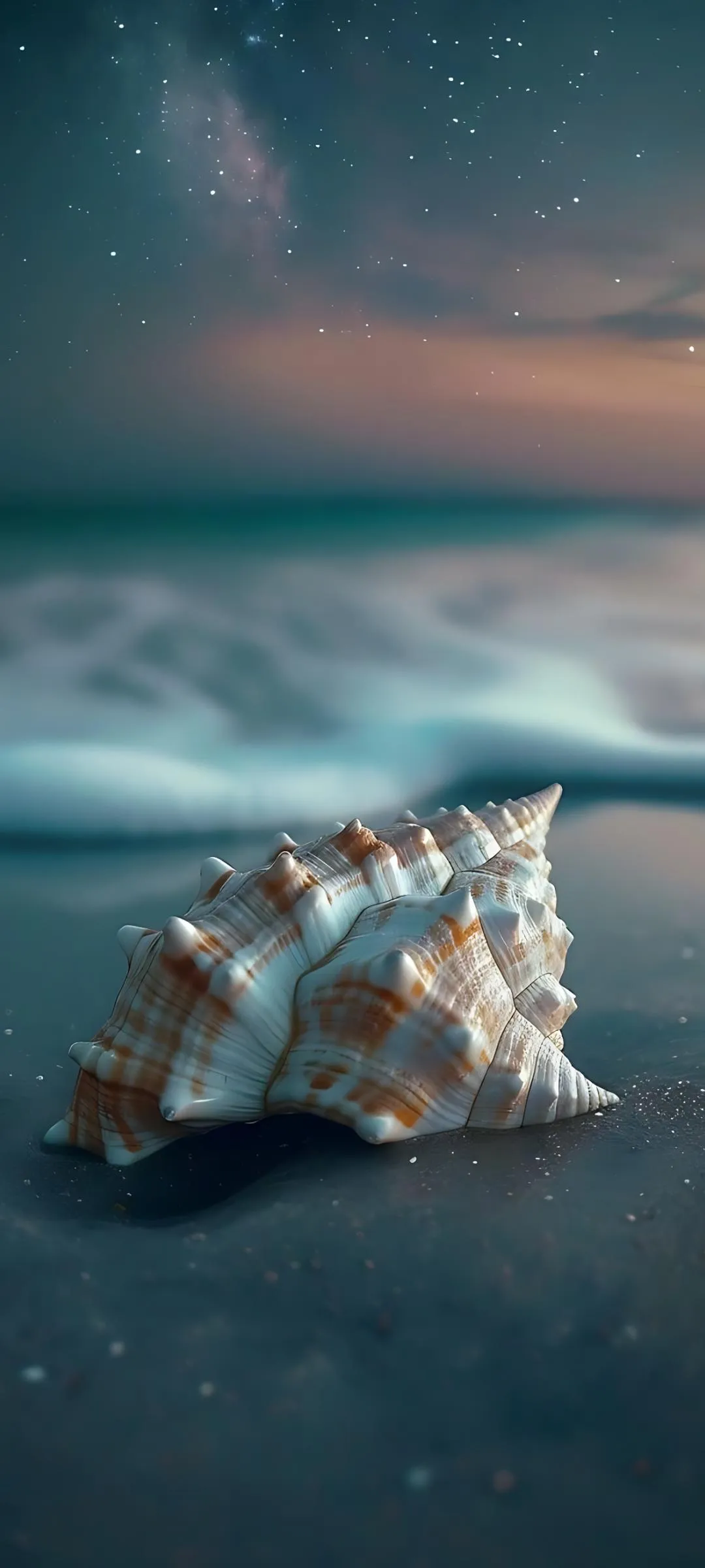 Seashell on Calm Beach with Starry Night Reflection