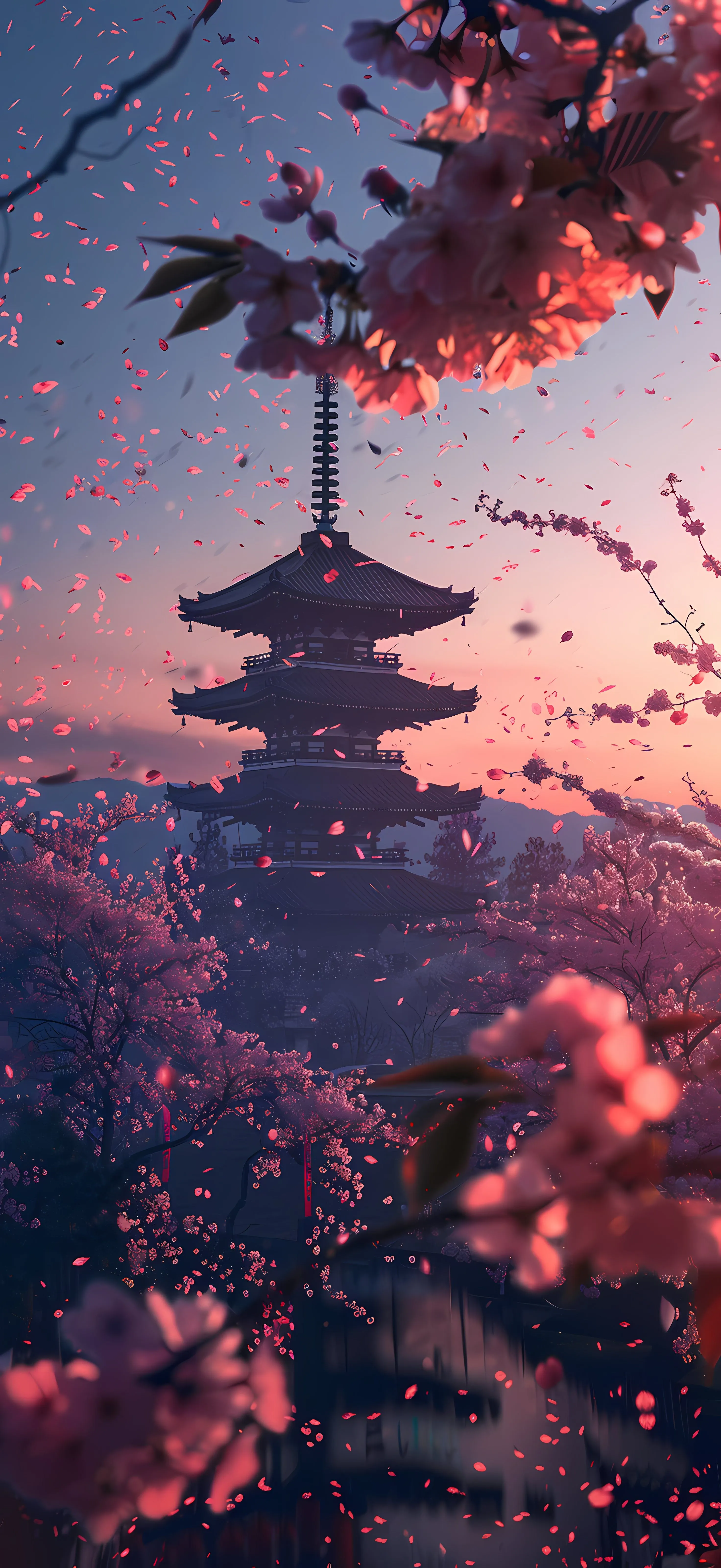 Serene Asian Temple with Cherry Blossoms at Twilight