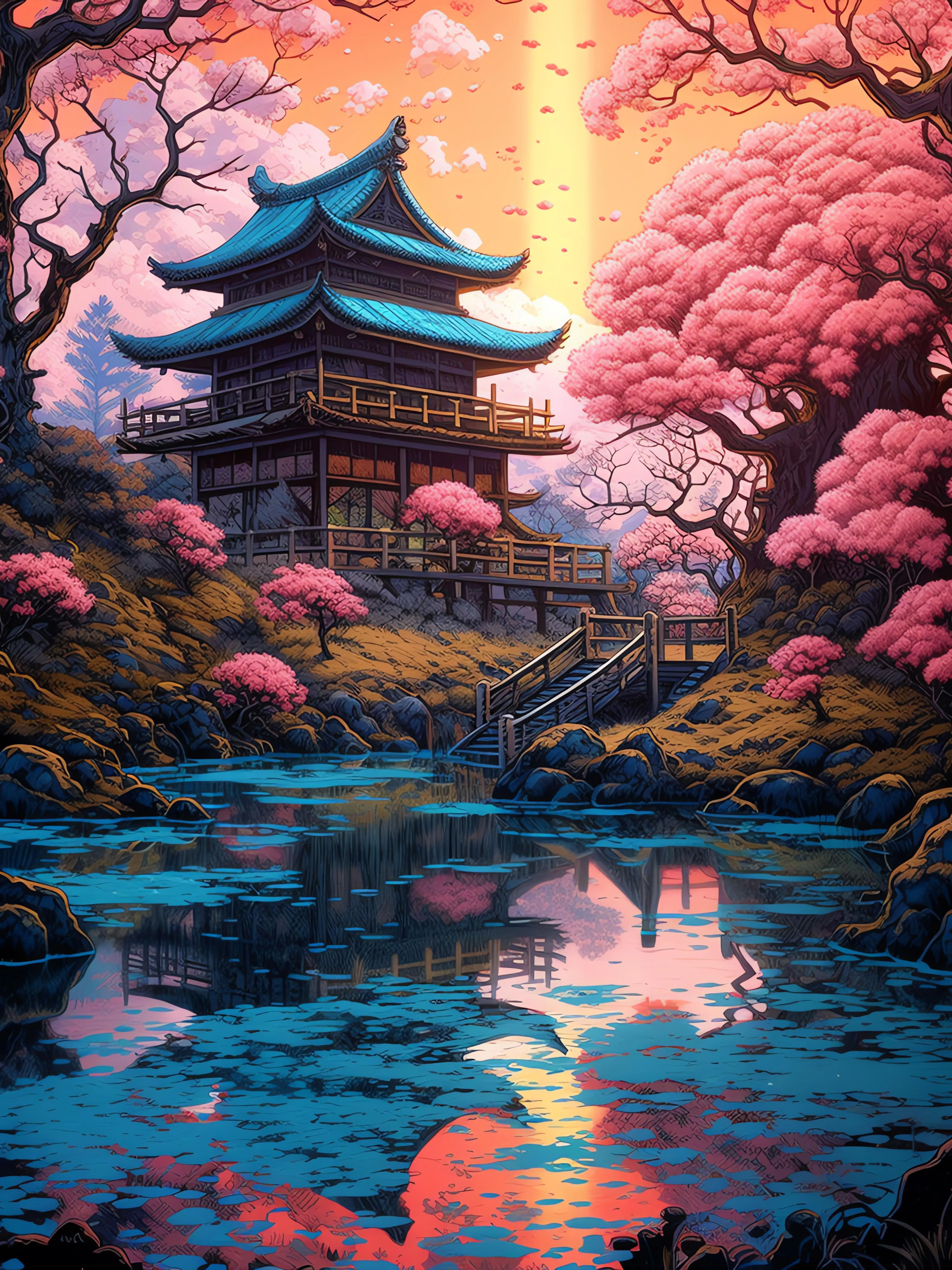 Serene Japanese Garden with Traditional Pagoda and Trees