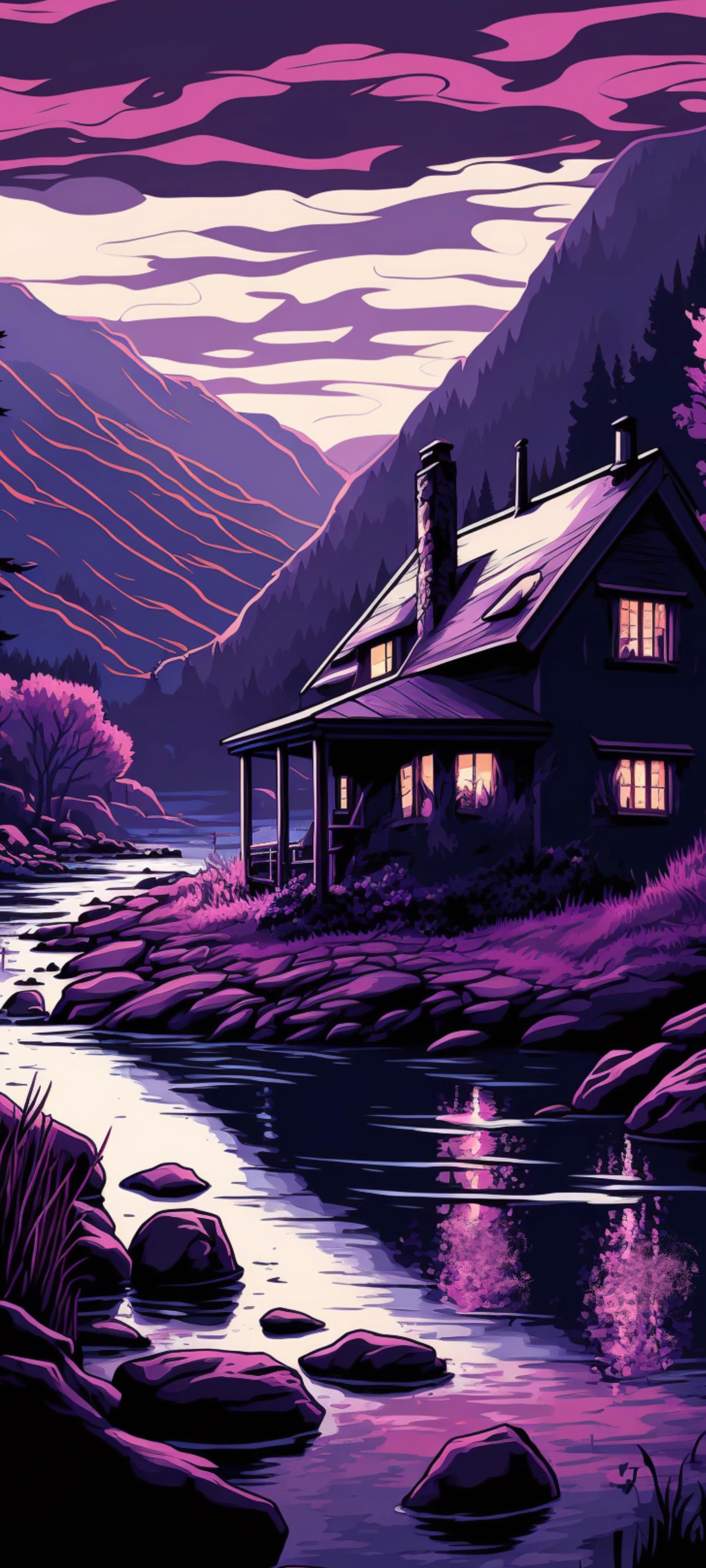 Serene Japanese Landscape with Purple Sunset Glow Image