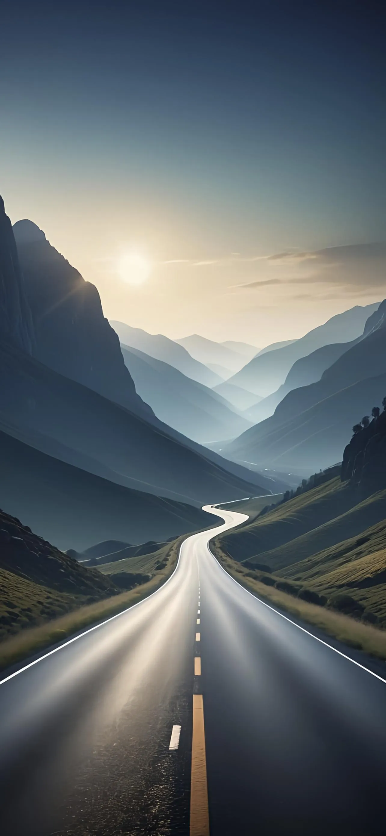 Serene Road Winding Through Mountain Valley Wallpaper