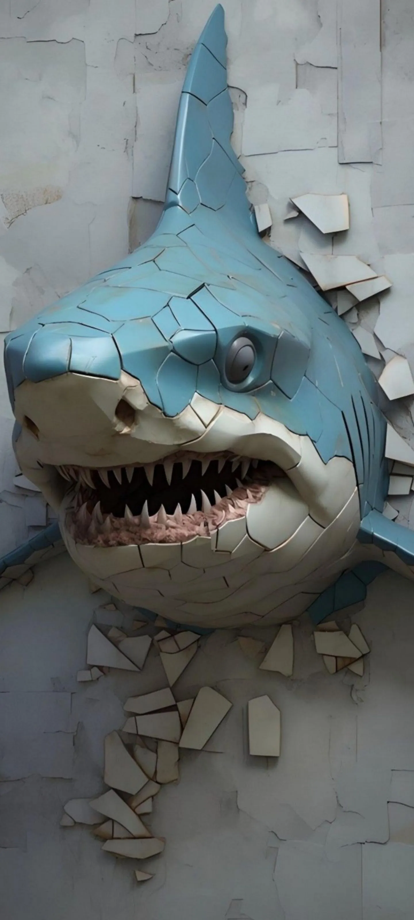 Shark Emerging Through Cracked Wall in 3D Illusion