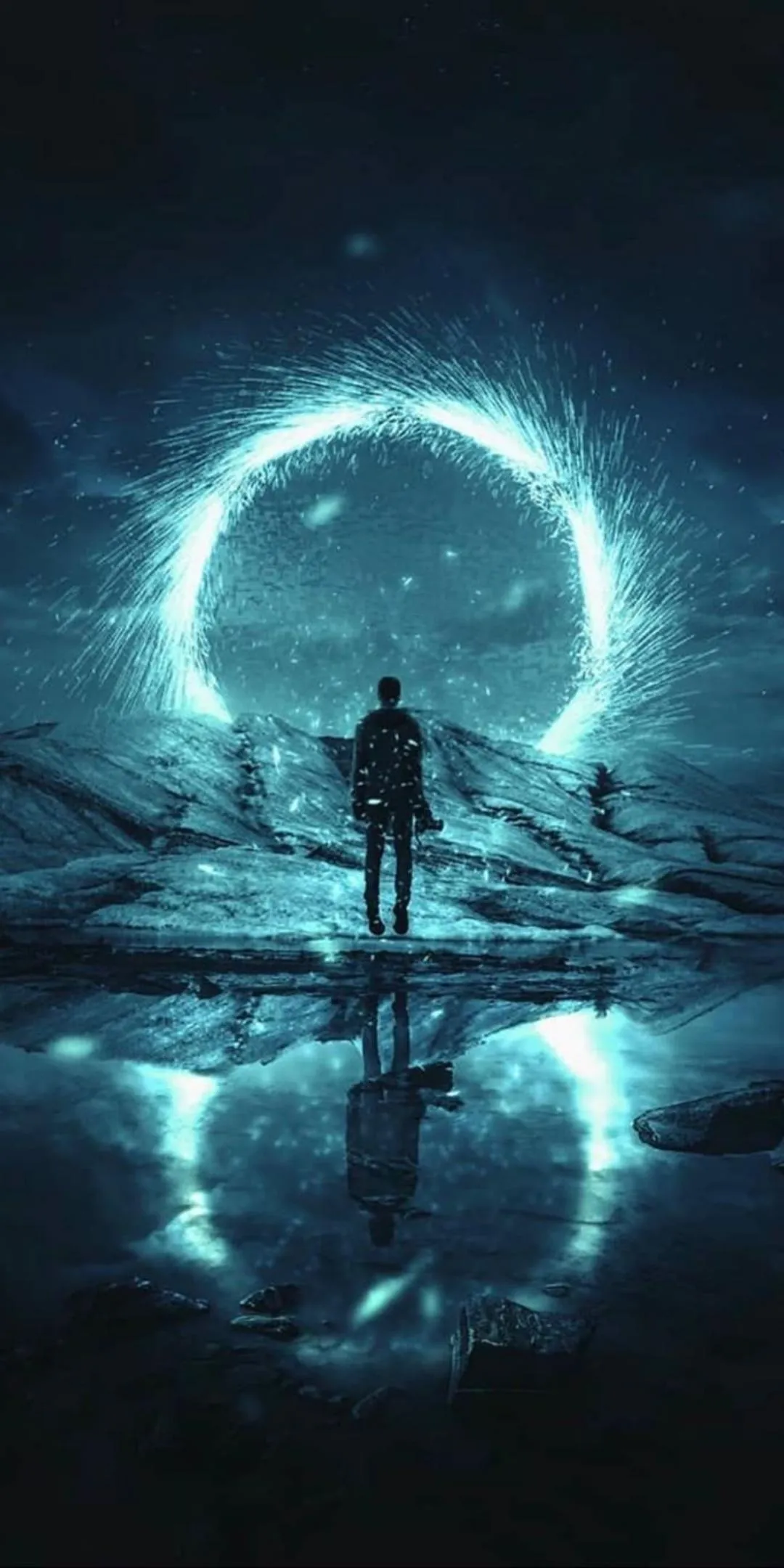 Silhouette Man Standing Before Glowing Blue Cosmic Portal