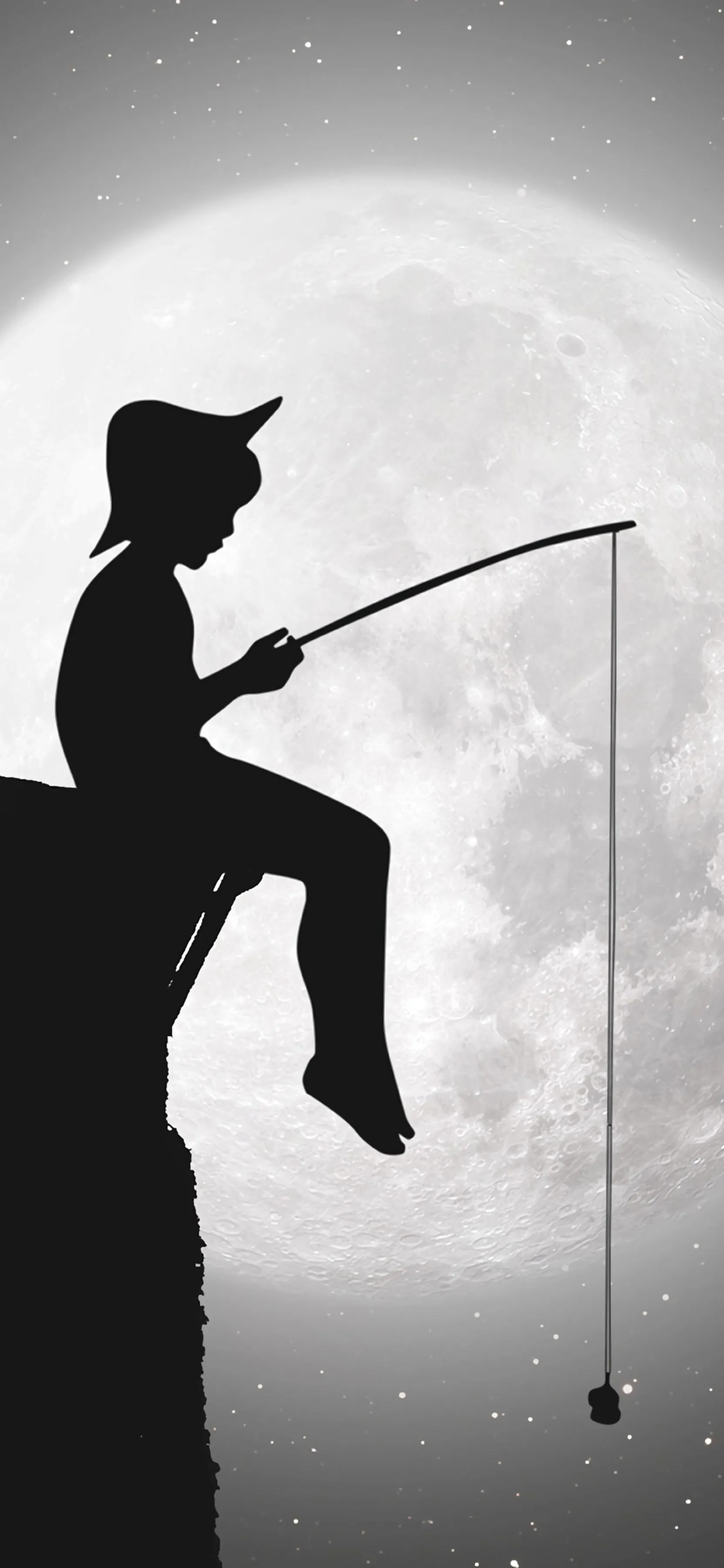 Silhouette of Boy Fishing Beneath a Glowing Full Moon