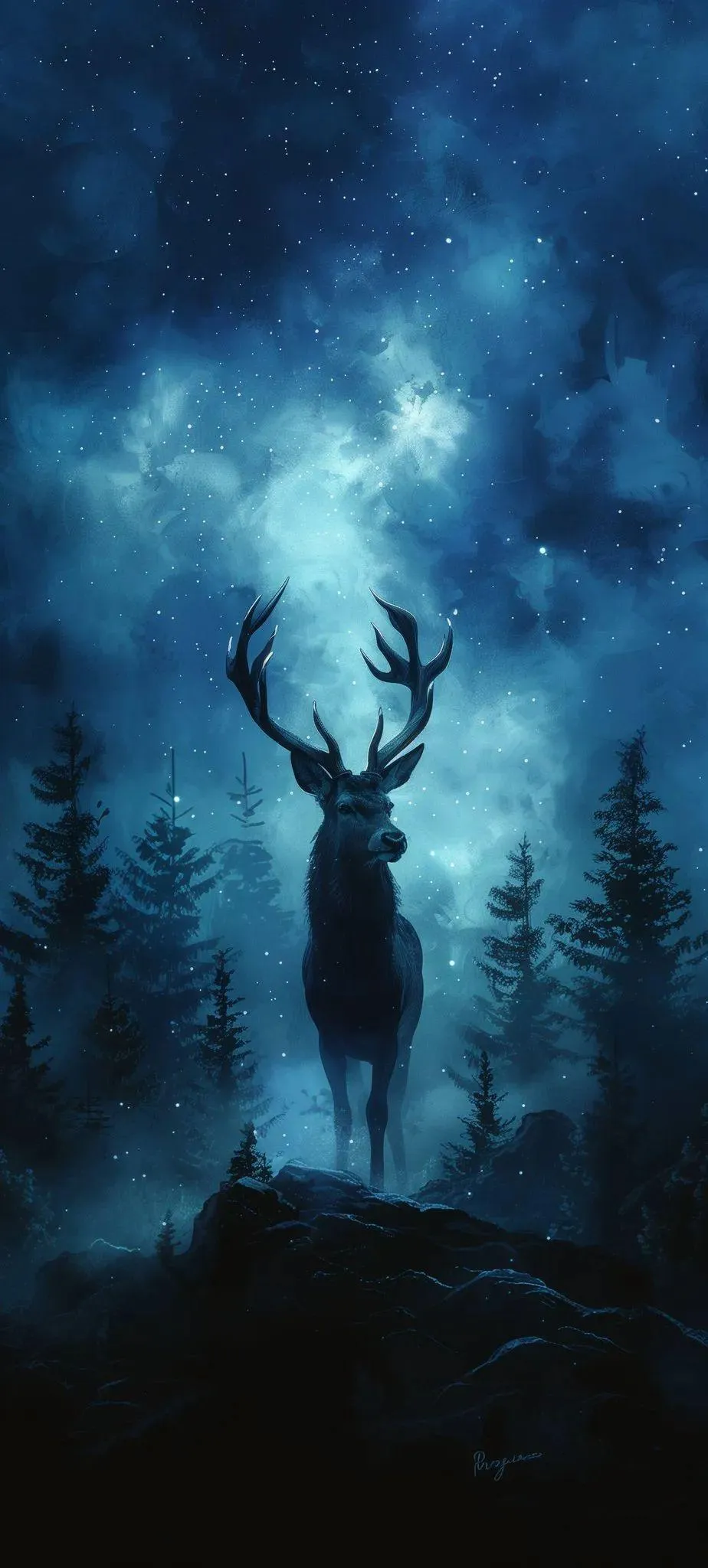 Silhouette of Deer Under Blue Starry Sky Scene Wallpaper