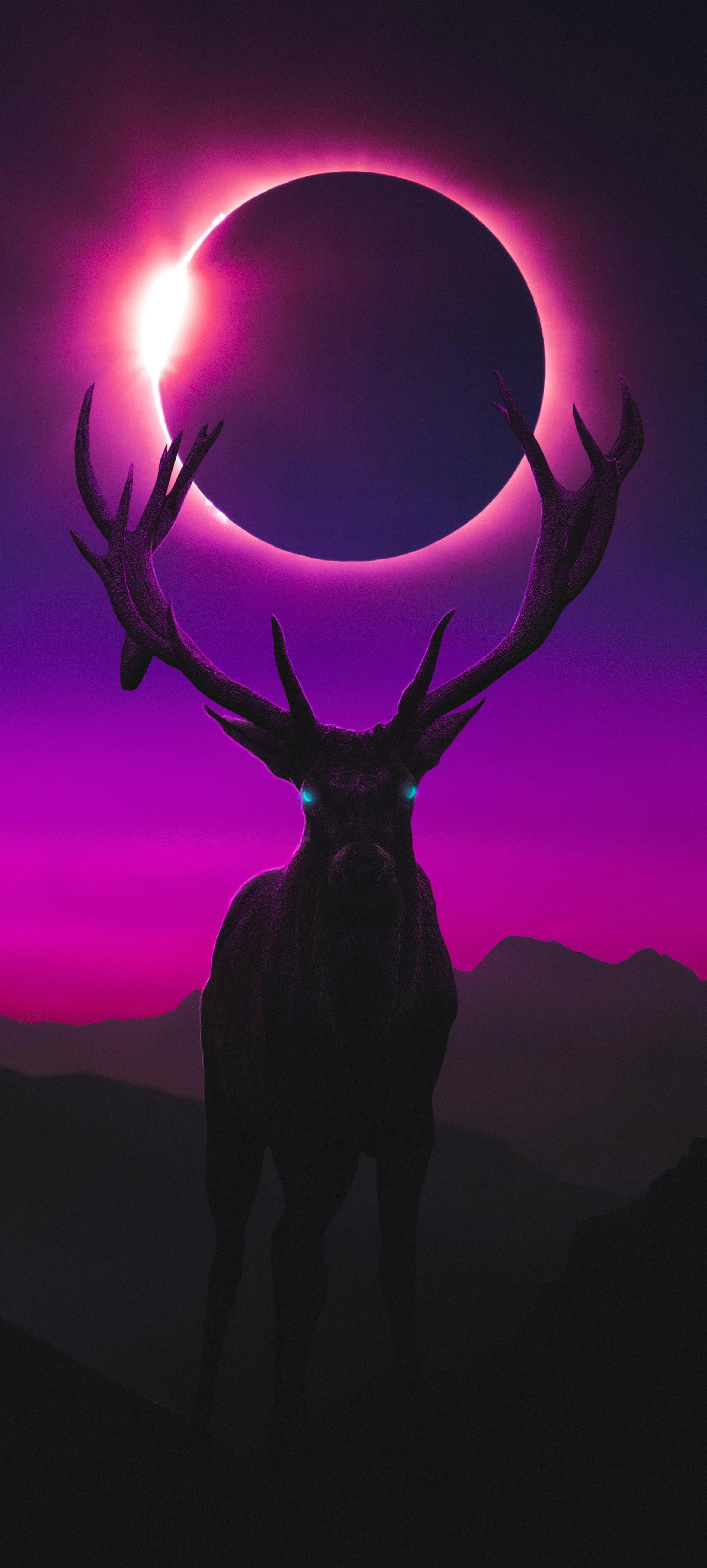Silhouette of Deer with Glowing Circle in Purple Night Sky