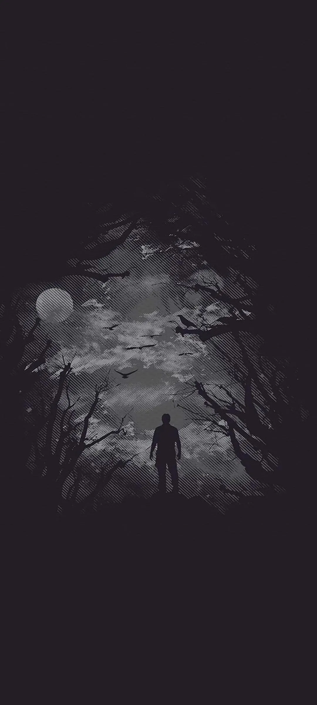 Silhouette of Man Standing Alone in Dark Forest Night
