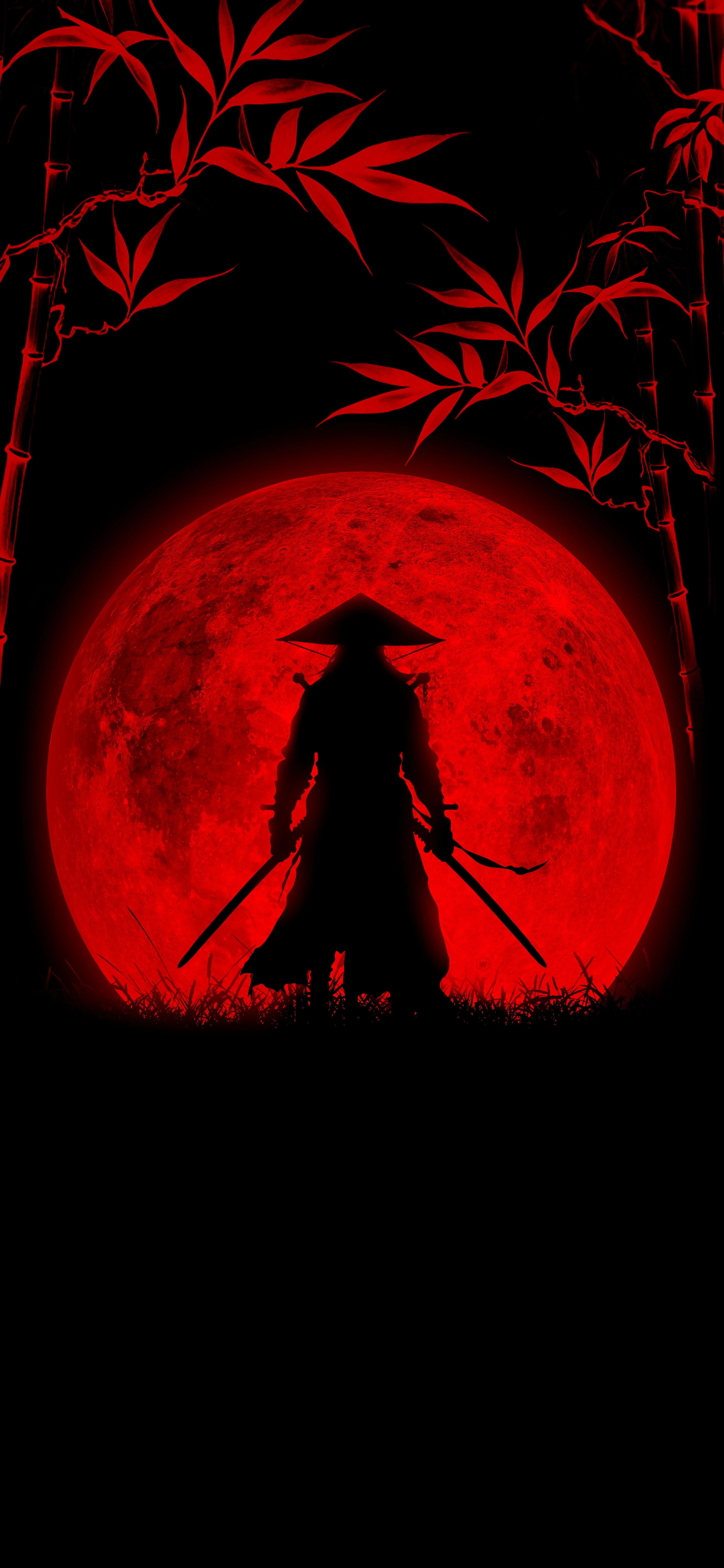 Silhouette of Ninja Under Red Moon Night Sky Wallpaper