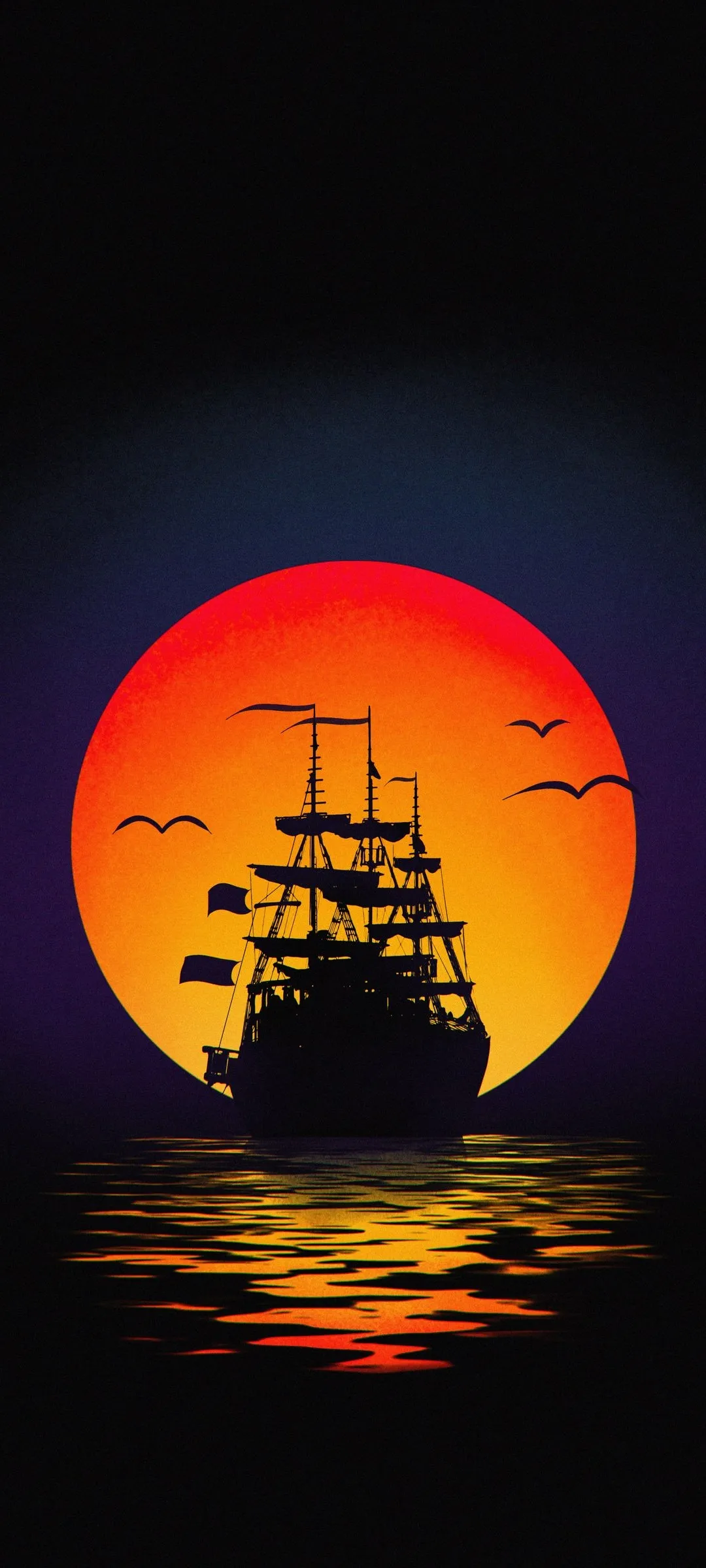 Silhouette of Ship at Sunset Over Calm Ocean Wallpaper