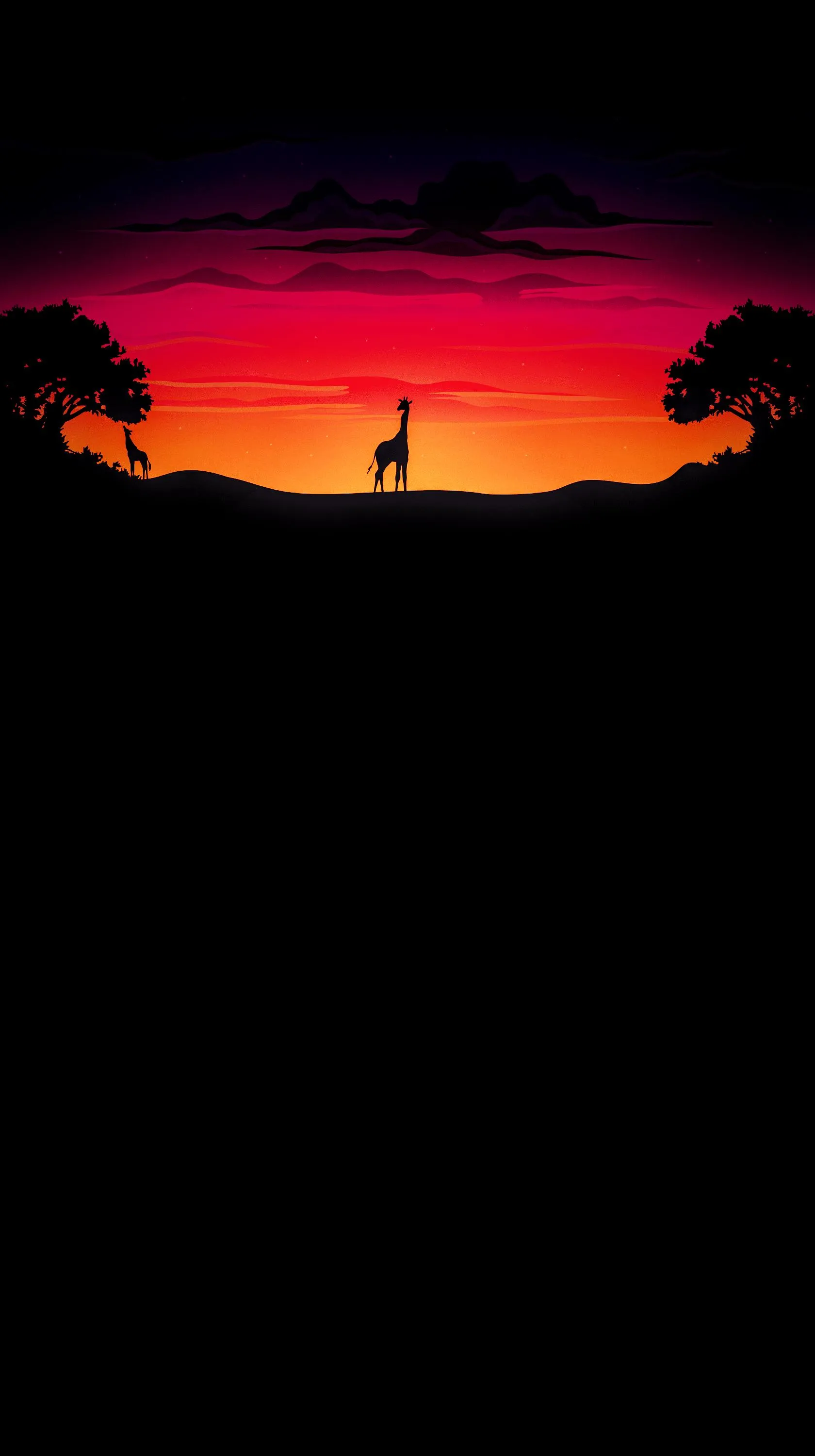 Silhouette of Tree and Giraffe Sunset in Fiery Red Sky
