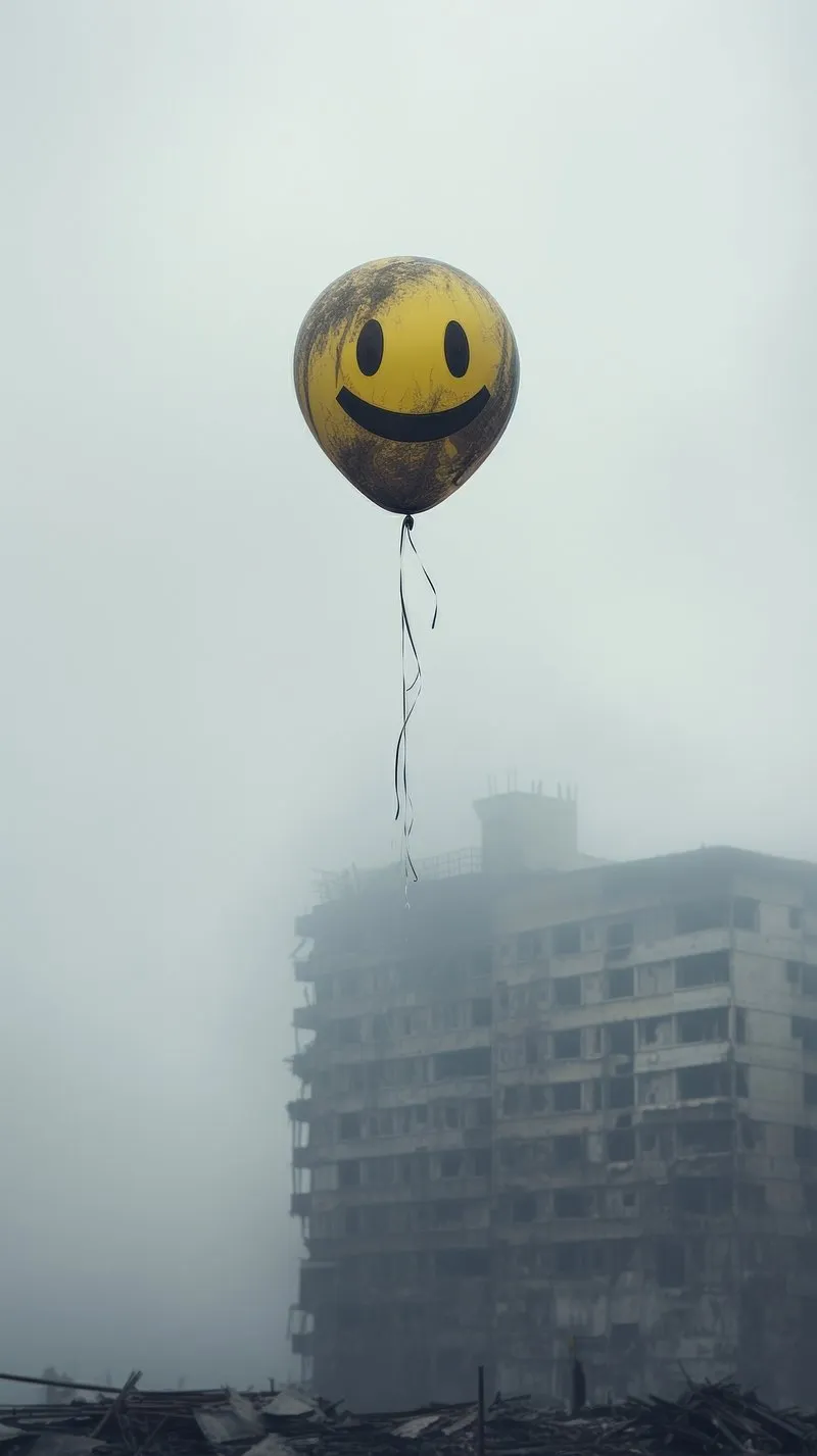 Single Balloon Floating Over Foggy Grey Building Wallpaper