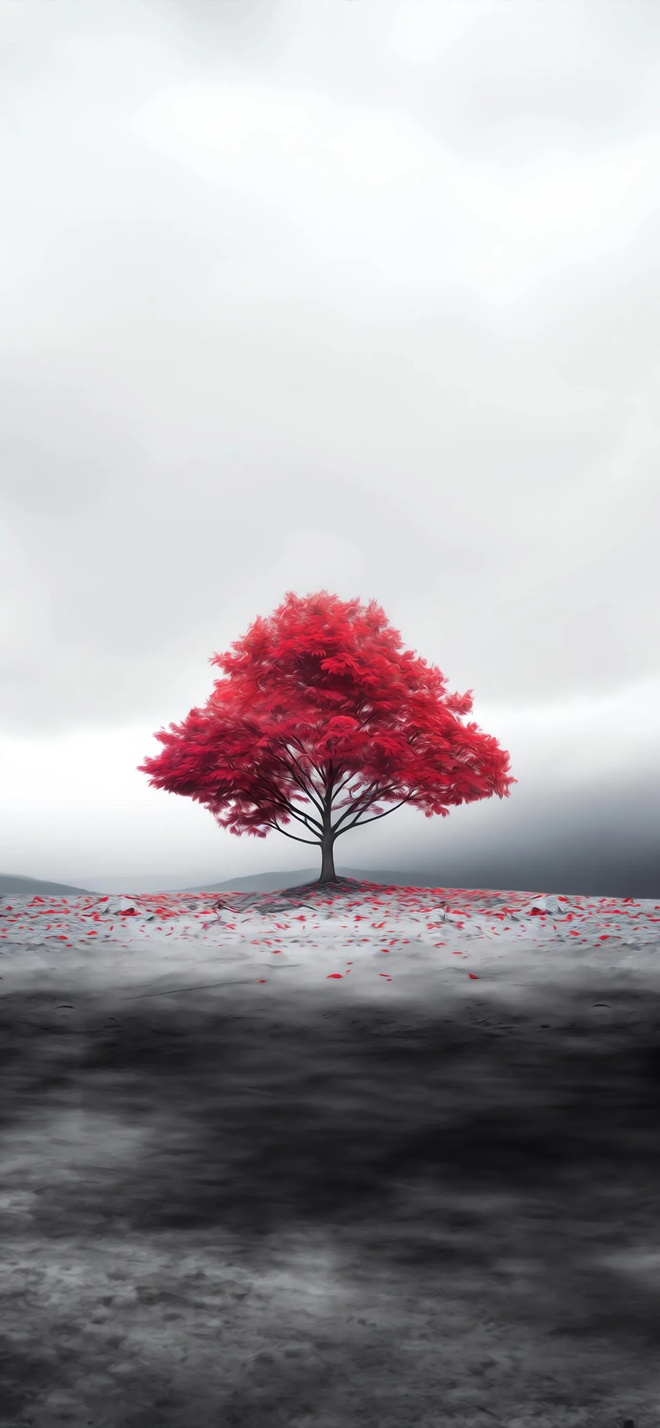 Single Red Tree in Monochrome Landscape Background