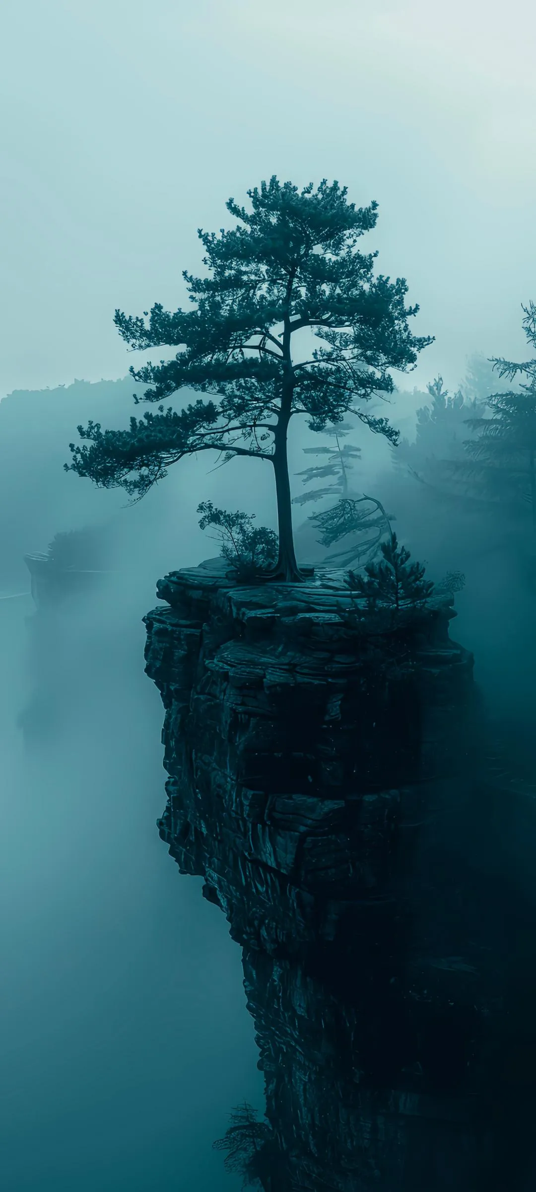 Single Tree on Cliff Edge with Mist and Calm Water