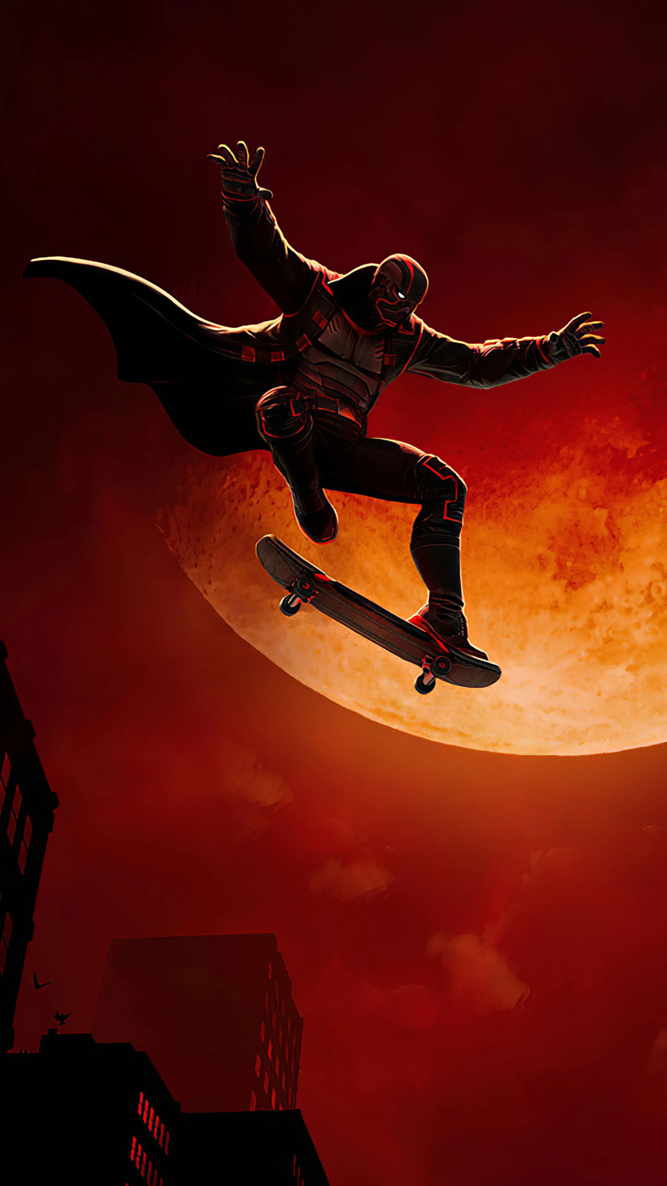 Skater Performing Trick in Front of a Red Moon Scene