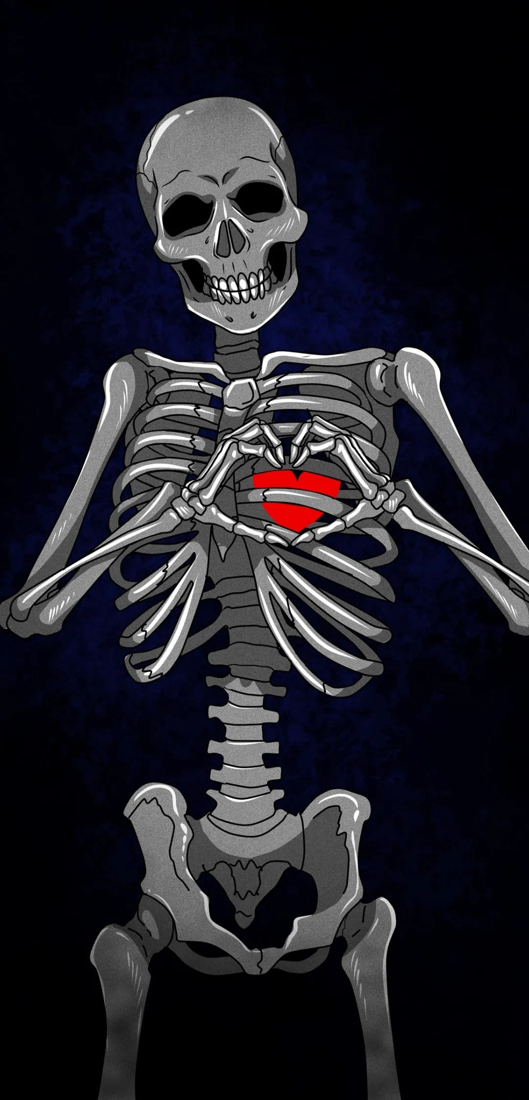 Skeleton Holding Glowing Heart on Dark Background Wallpaper