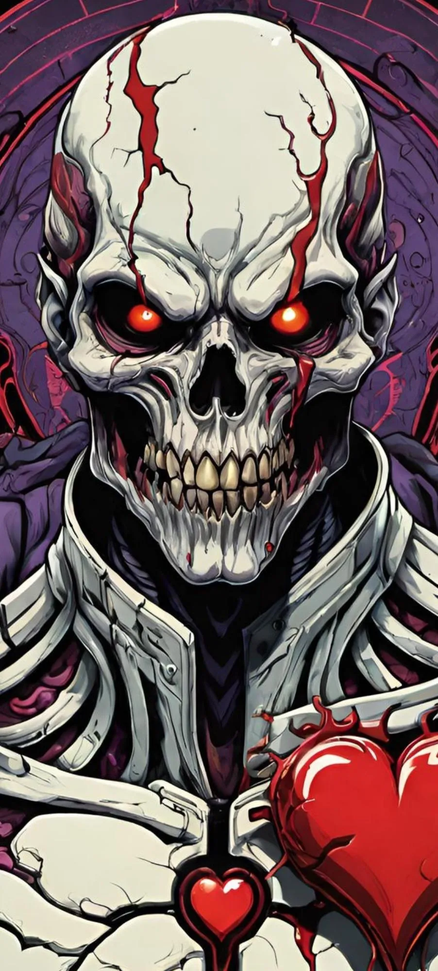 Skeleton Holding Red Heart With Evil Smile And Red Eyes