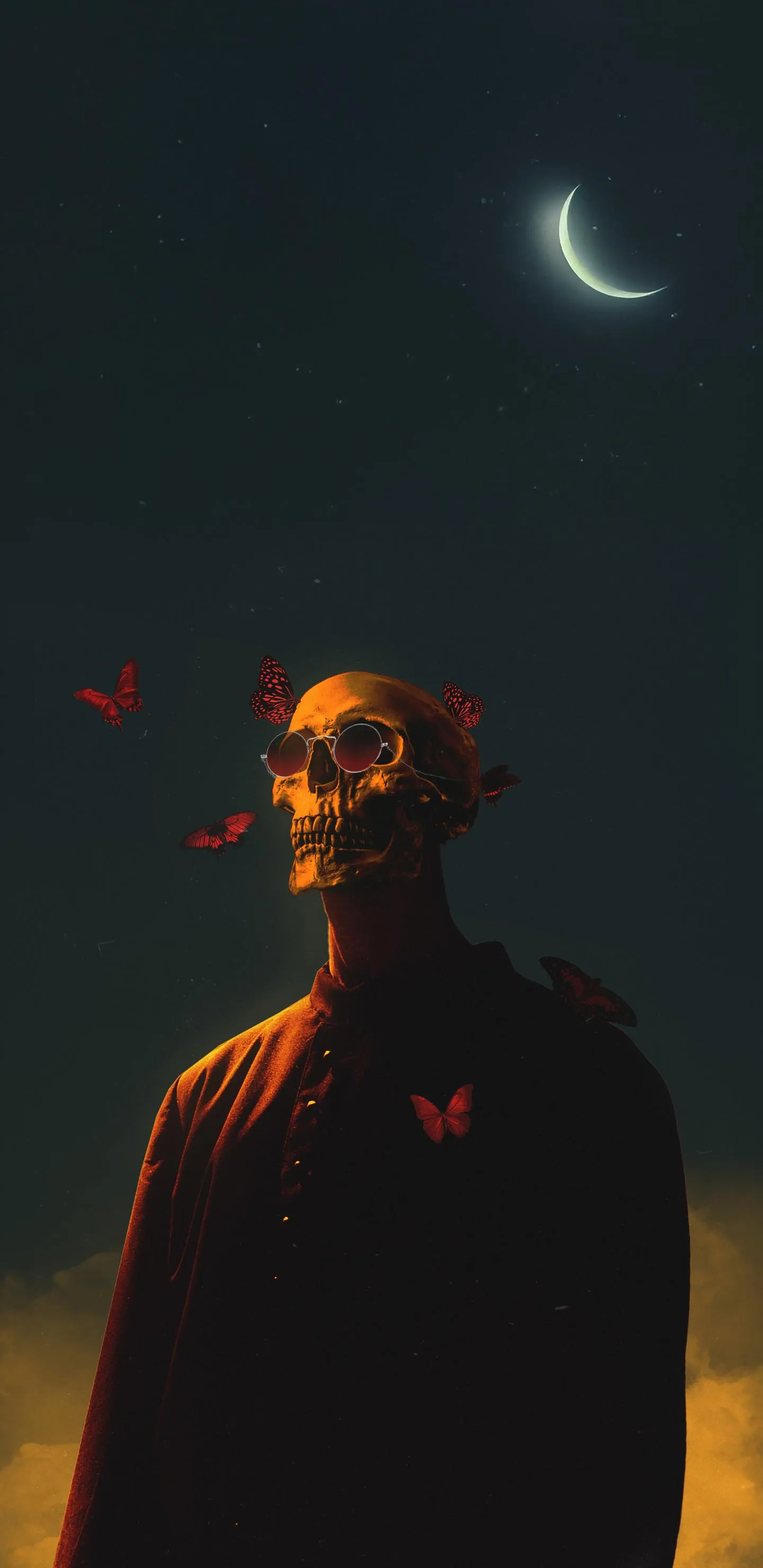 Skeleton Man Standing in Night Light With Calm Expression