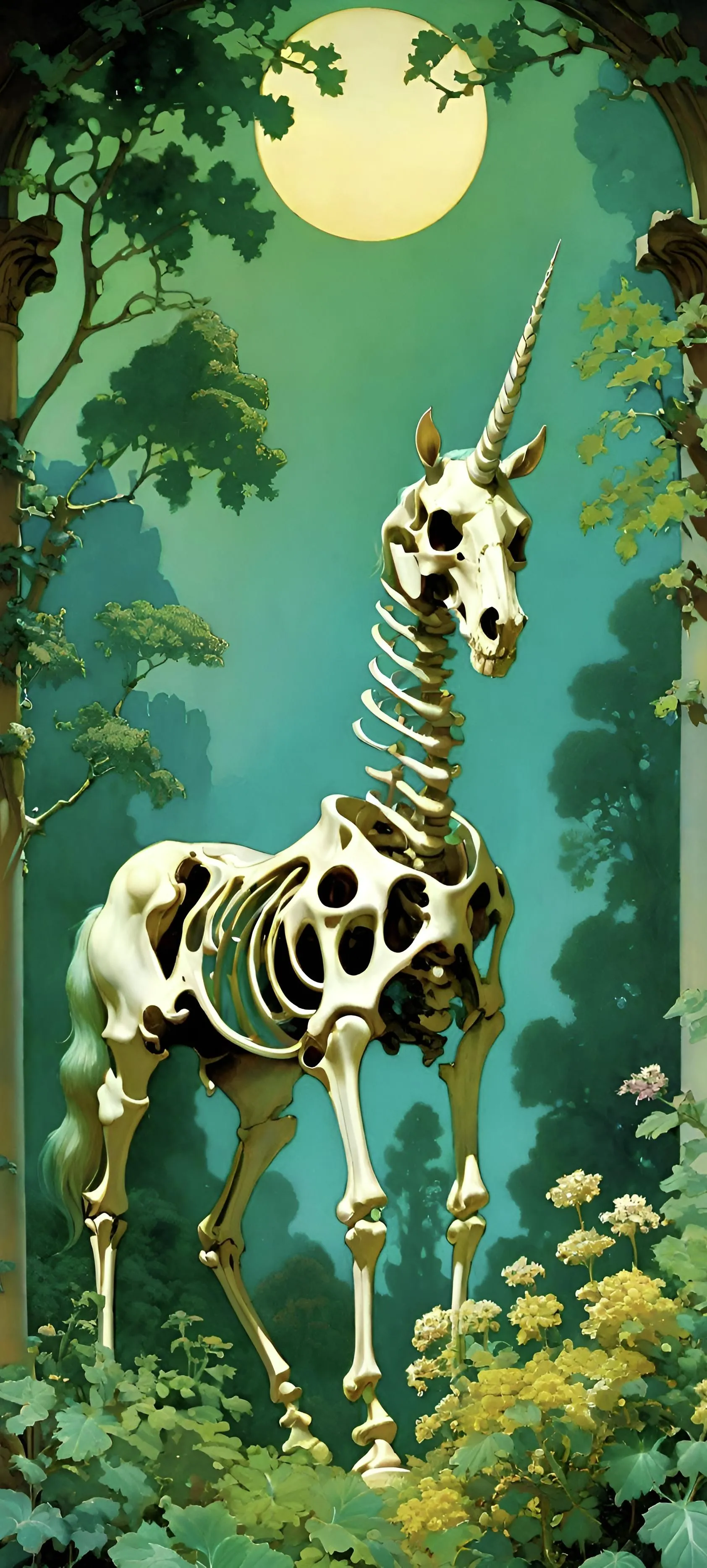 Skeleton Unicorn Standing Among Trees in Artistic Style