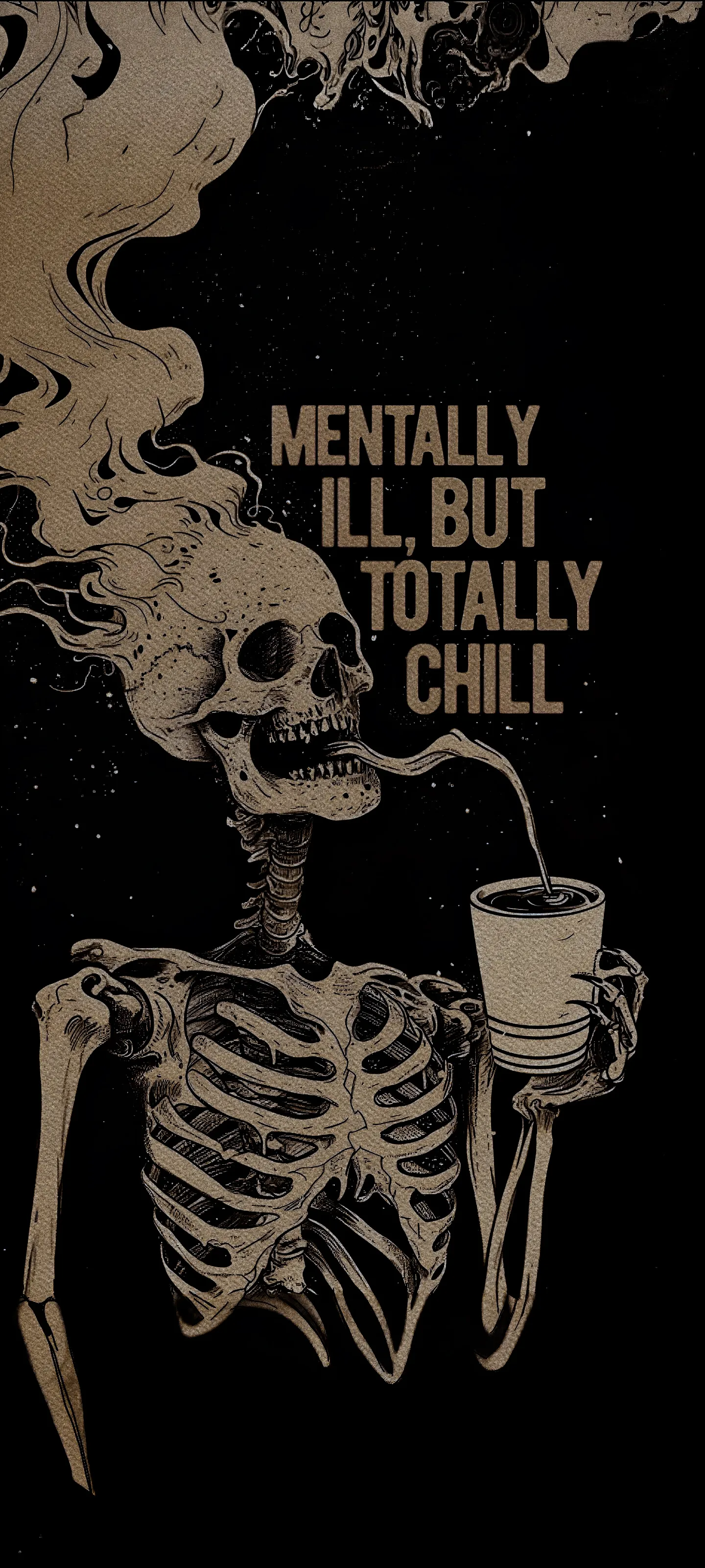 Skeleton with Coffee Cup and Motivational Message Wallpaper
